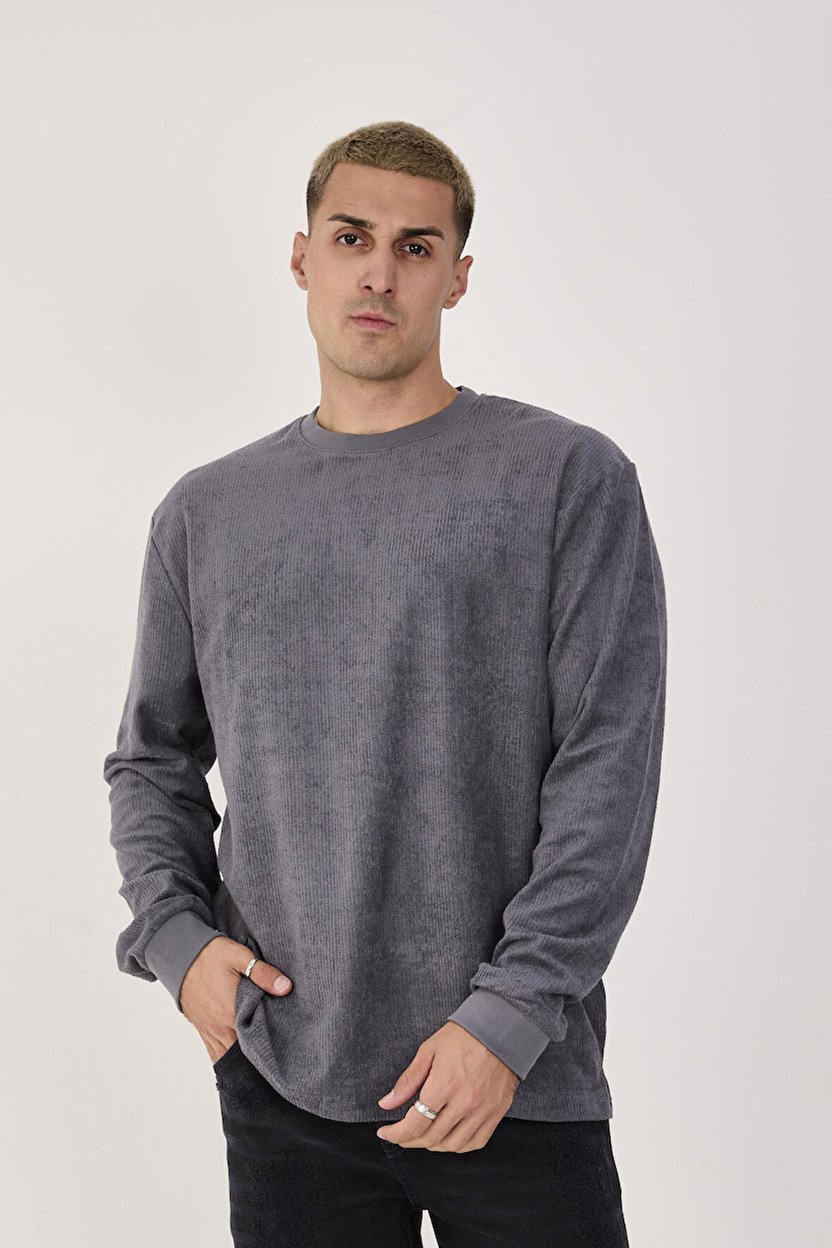 %100 Pamuk Erkek Bisiklet Yaka Oversize Fitilli Kumaş Uzun Kol Sweatshirt