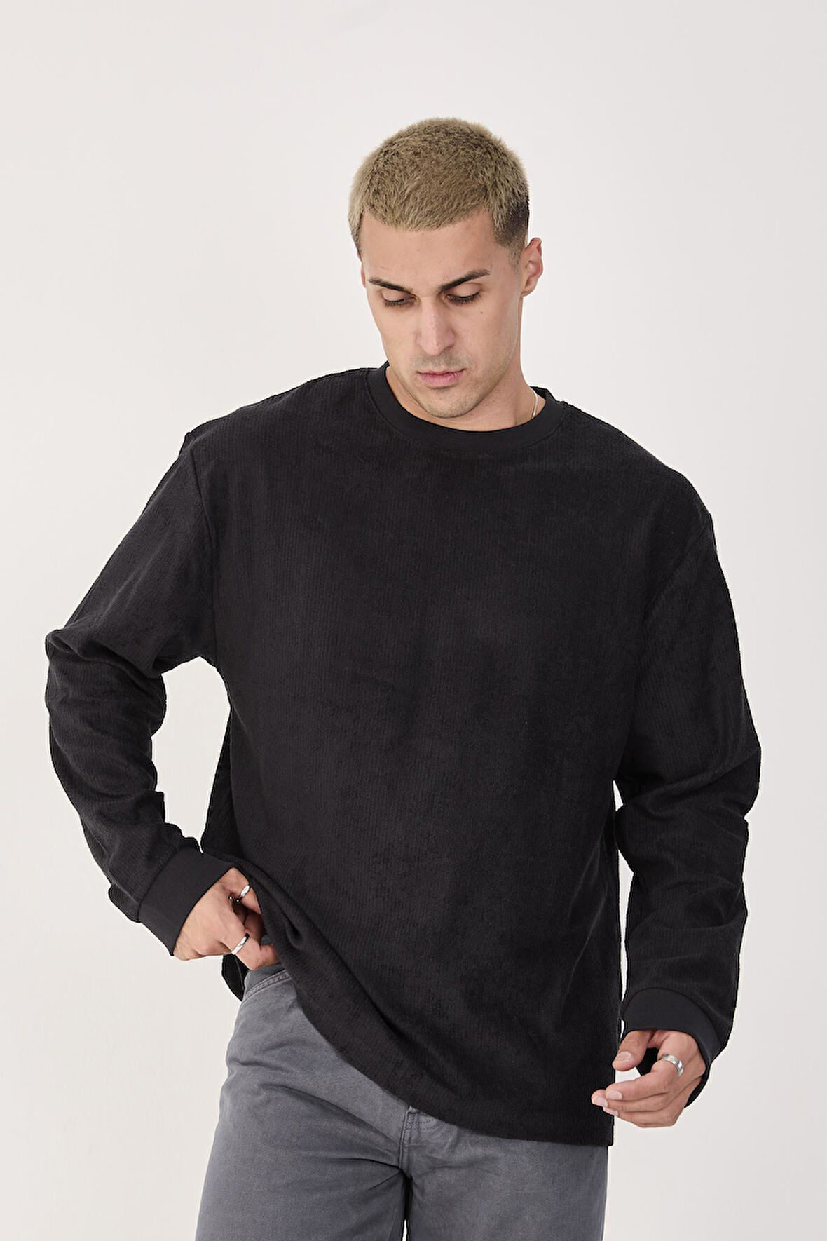 %100 Pamuk Erkek Bisiklet Yaka Oversize Fitilli Kumaş Uzun Kol Sweatshirt