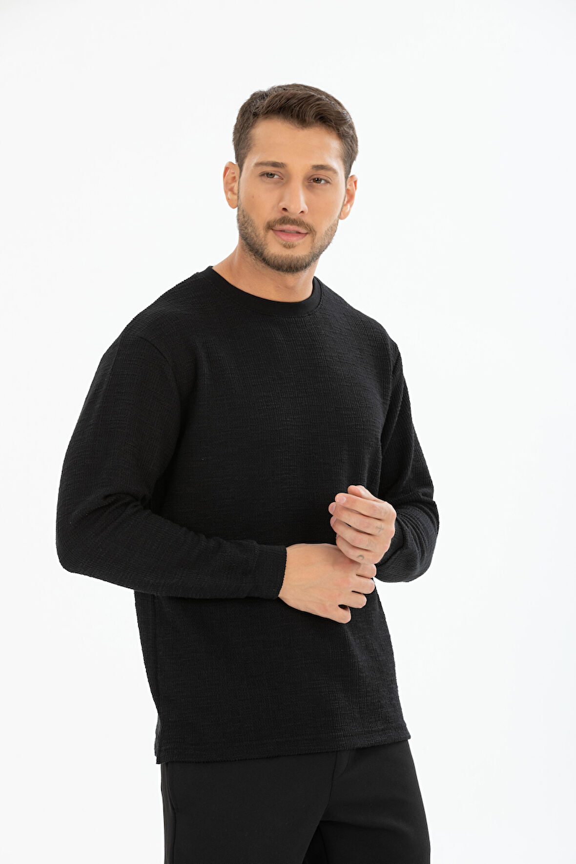 Erkek %100 Pamuk Bisiklet Yaka Örgü/Waffle Dokulu Uzun Kollu Tişört