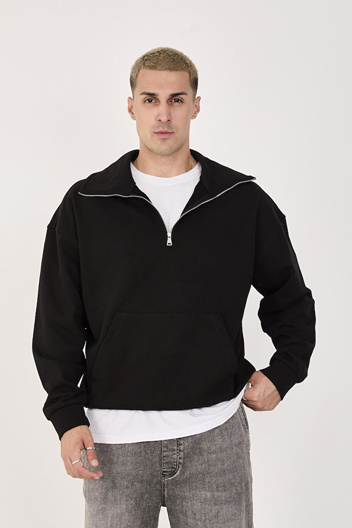 %100 Pamuk Erkek Oversize Yarım Fermuarlı Sweatshirt - Rahat Kalıp Kanguru Cep 