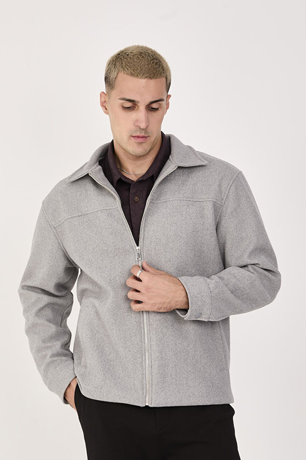Erkek Kaşe Gömlek Yaka Ceket Fermuarlı Şık Mont