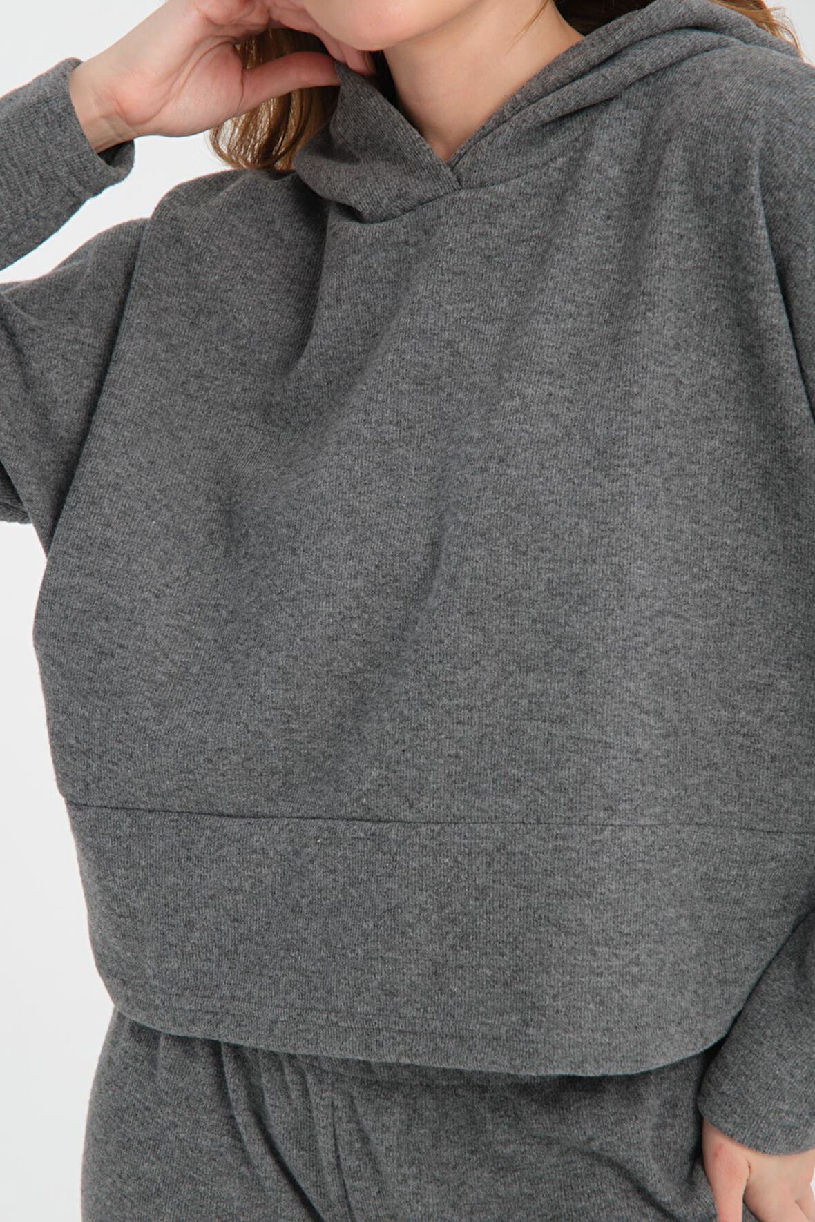 Selanik Kumaş Kısa Kesim Sweatshirt - Kapüşonlu Rahat Kalıp