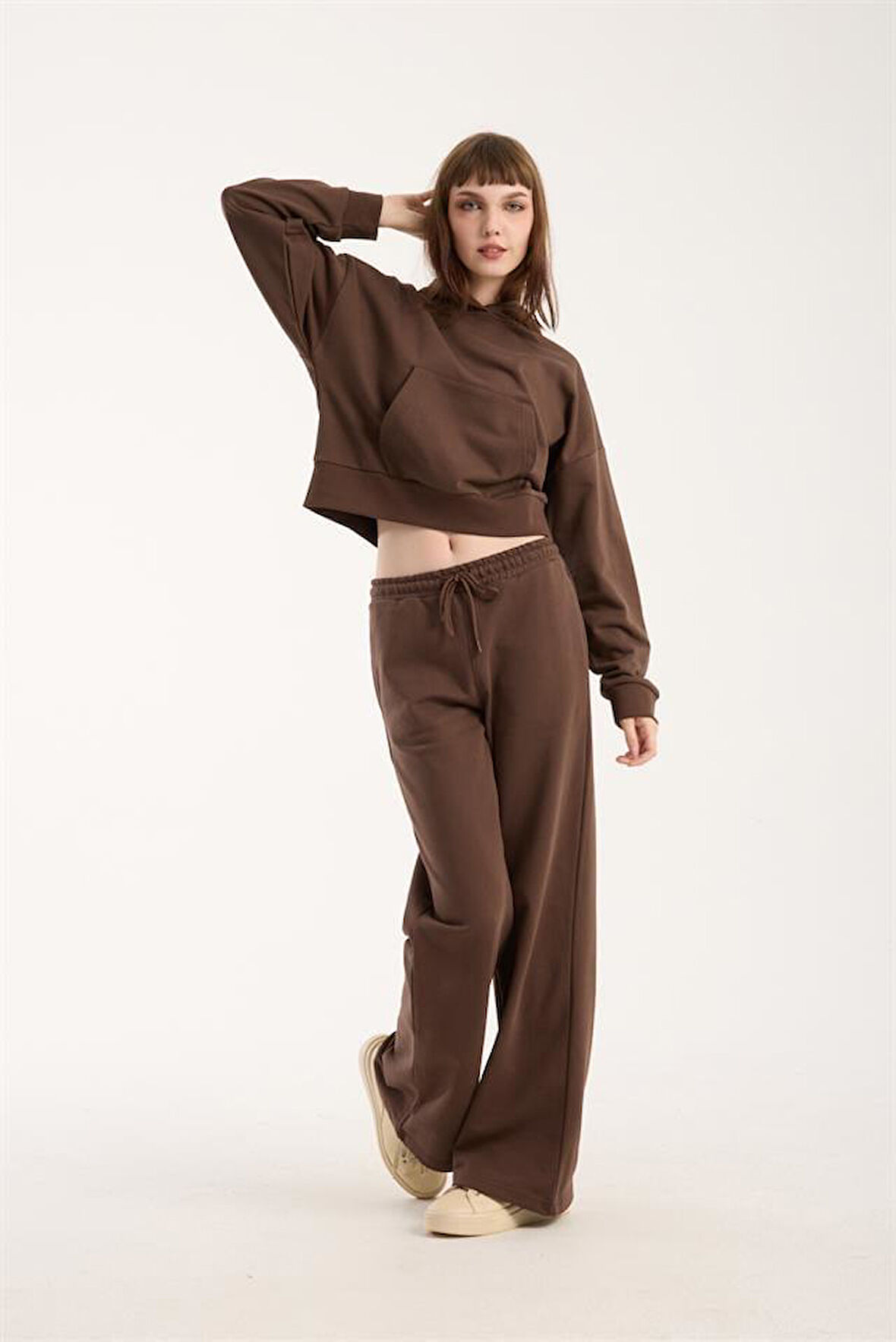 %100 Pamuk Kadın Kapüşonlu Cepli Sweatshirt + Pantolon Takımı (2 Parça)