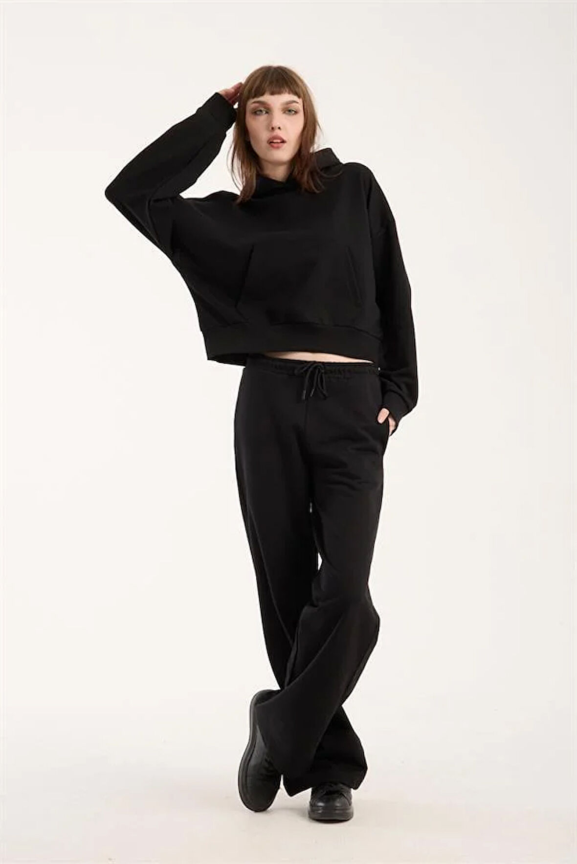 %100 Pamuk Kadın Kapüşonlu Cepli Sweatshirt + Pantolon Takımı (2 Parça)