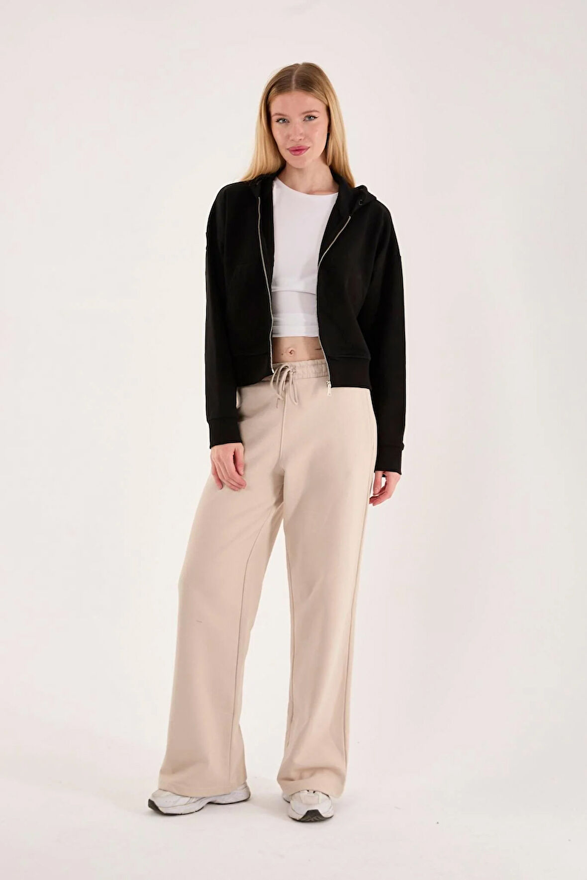 %100 Pamuk Kapüşonlu Fermuarlı Kadın Sweatshirt + Pantolon Kombin (2 Parça)