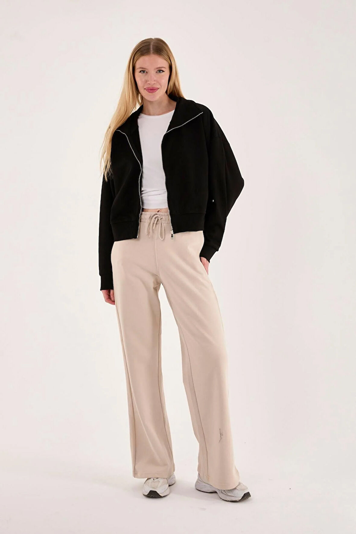 %100 Pamuk Tam Fermuarlı Kadın Sweatshirt + Pantolon Kombin (2 Parça)