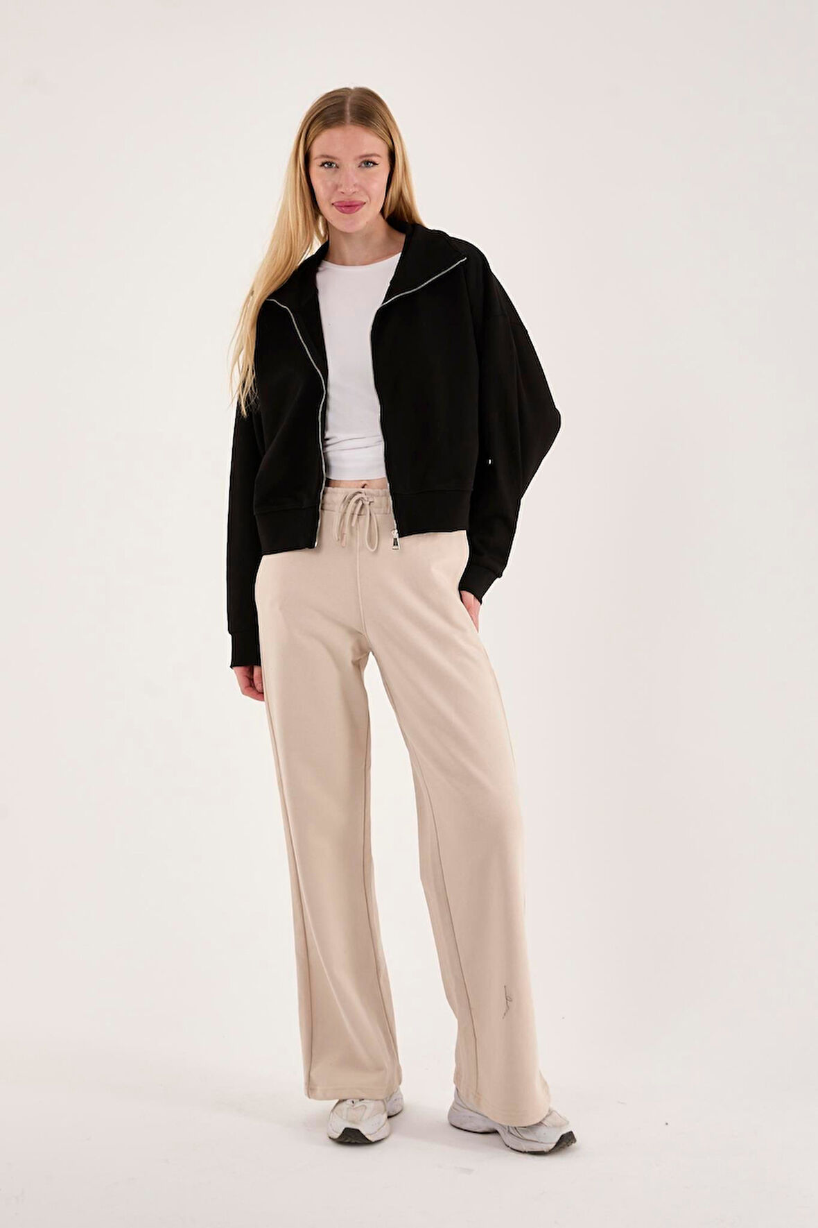 %100 Pamuk Tam Fermuarlı Kadın Sweatshirt + Pantolon Kombin (2 Parça)