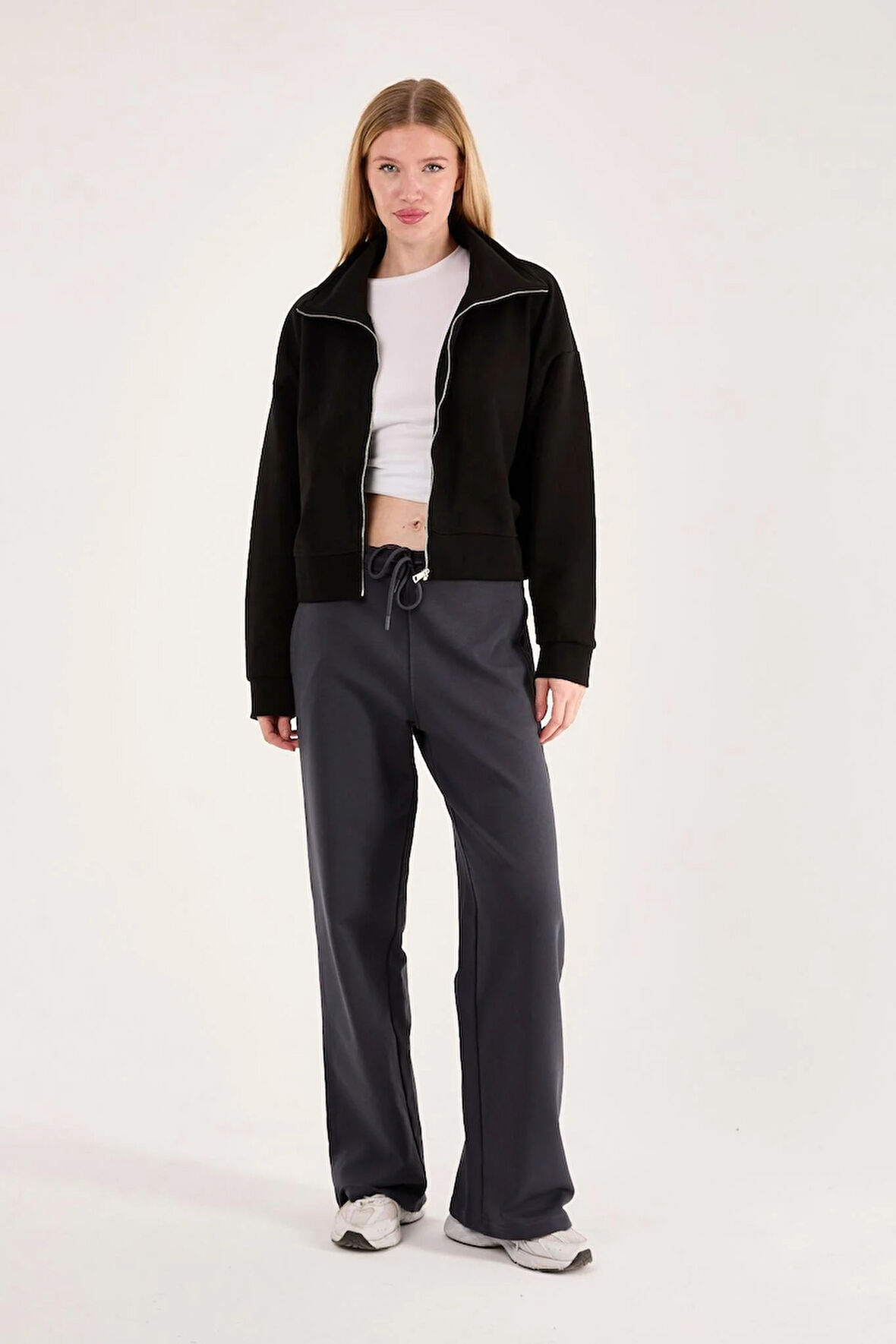 %100 Pamuk Tam Fermuarlı Kadın Sweatshirt + Pantolon Kombin (2 Parça)