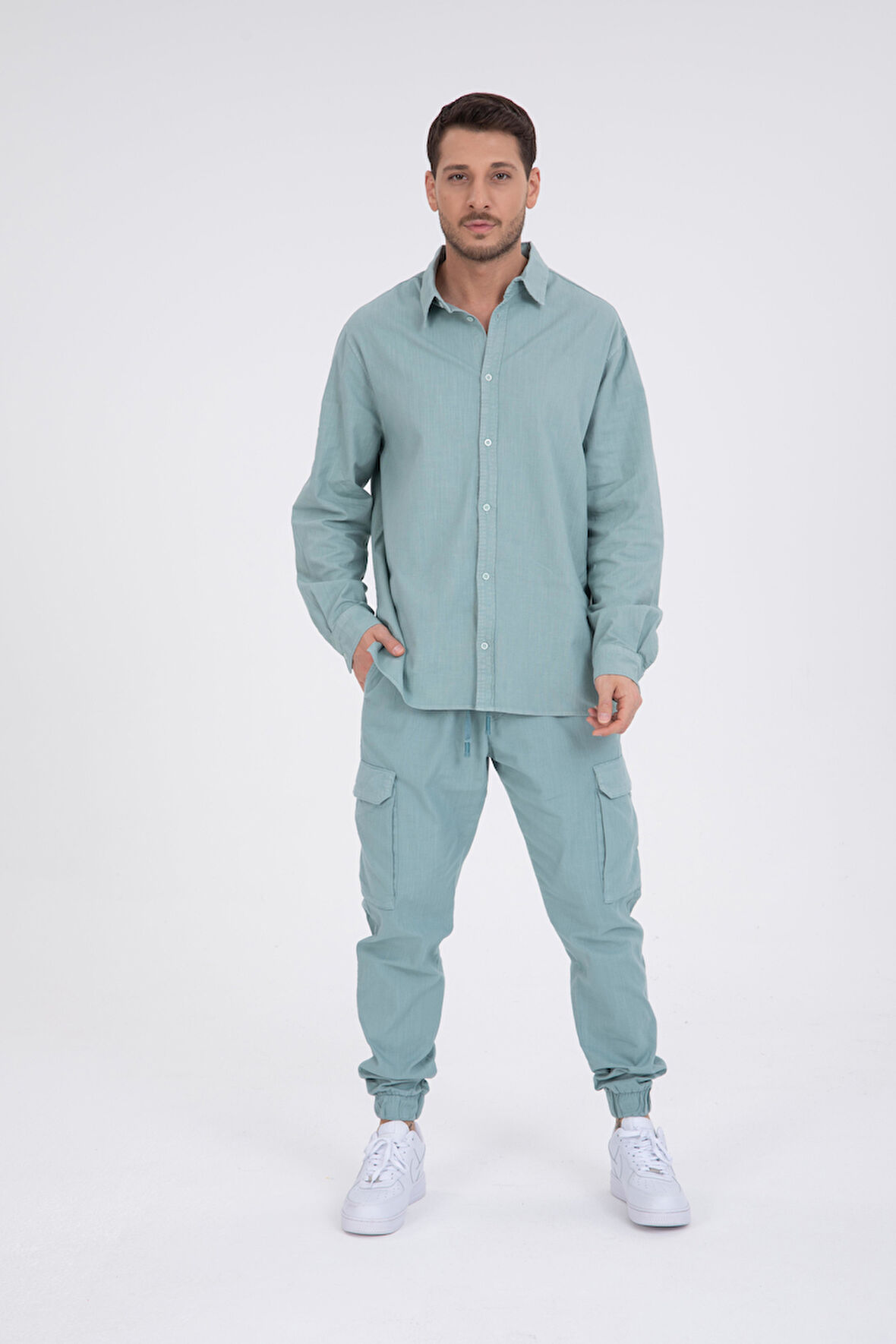 %100 Pamuk, İp Bağlamalı Kargo Jogger + Gabardin Gömlek Takım