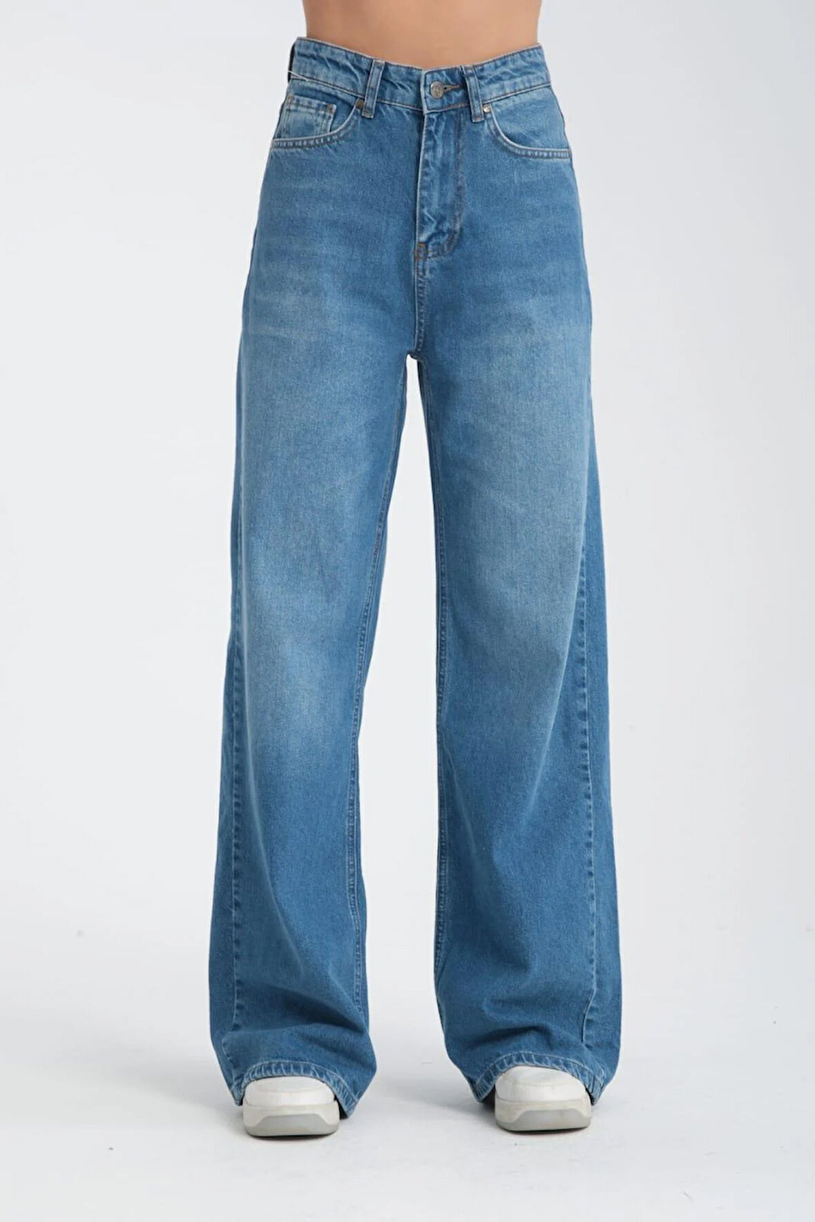 %100 Pamuk, Yüksek Bel Bol Kesim Geniş Paça Taşlanmış Wide Leg Kot Pantolon