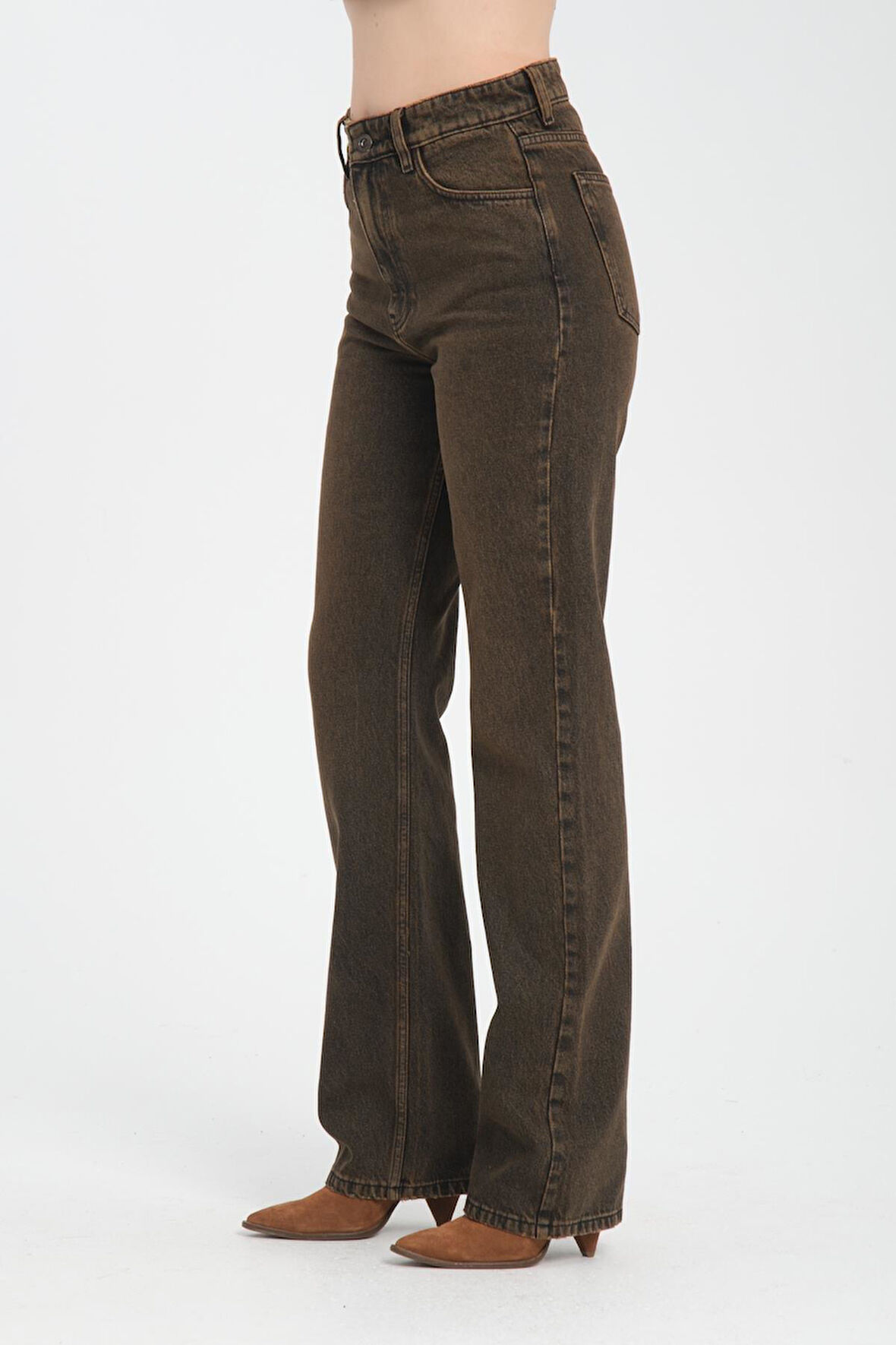 Yüksek Bel Fermuarlı Wideleg Fit %100 Pamuk Jean Pantolon