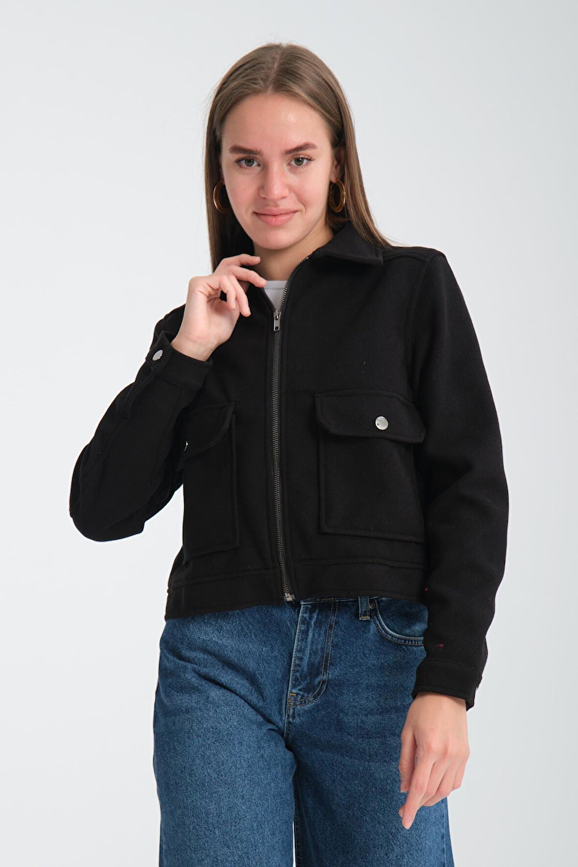 Kadın Siyah Kaşe Ceket - Fermuar Detaylı, Günlük Kullanım
