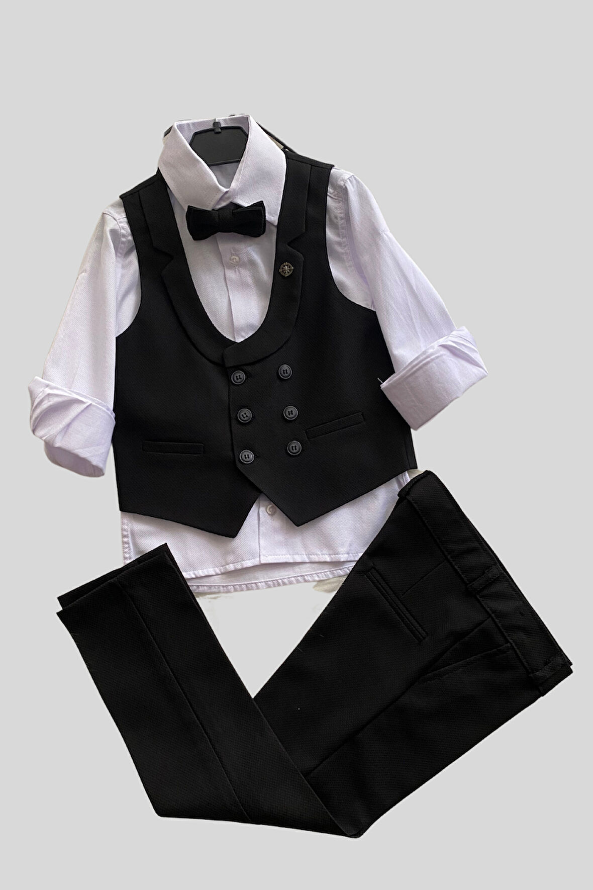 Katlama Detay Yelekli Rozetli Çocuk Takım Elbise Siyah