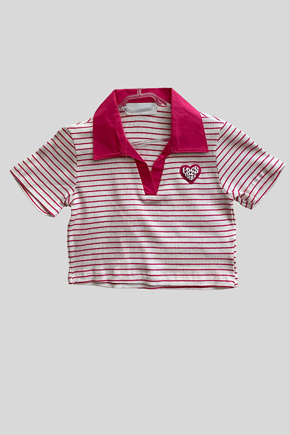 8-14 Yaş Polo Yaka Çizgili Crop Fuşya 