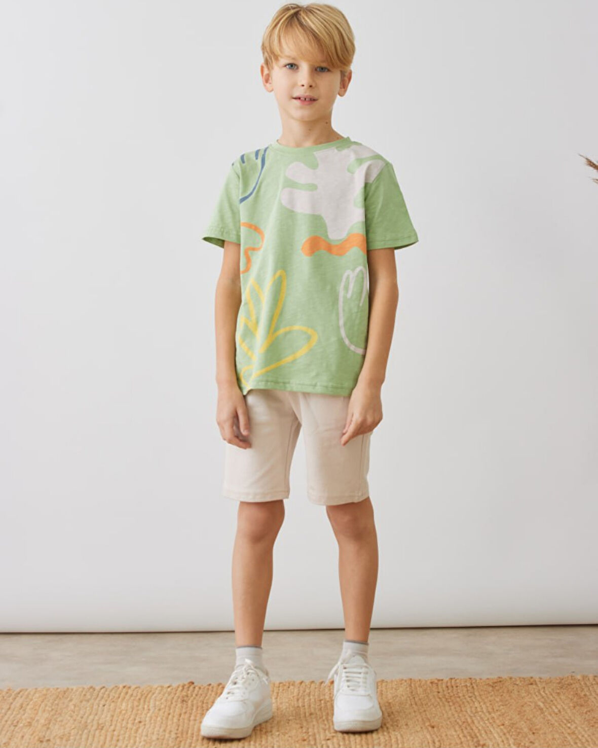 4-8 Yaş Boya Baskı Tişört Şort Erkek Çocuk Takım Su Yeşili 