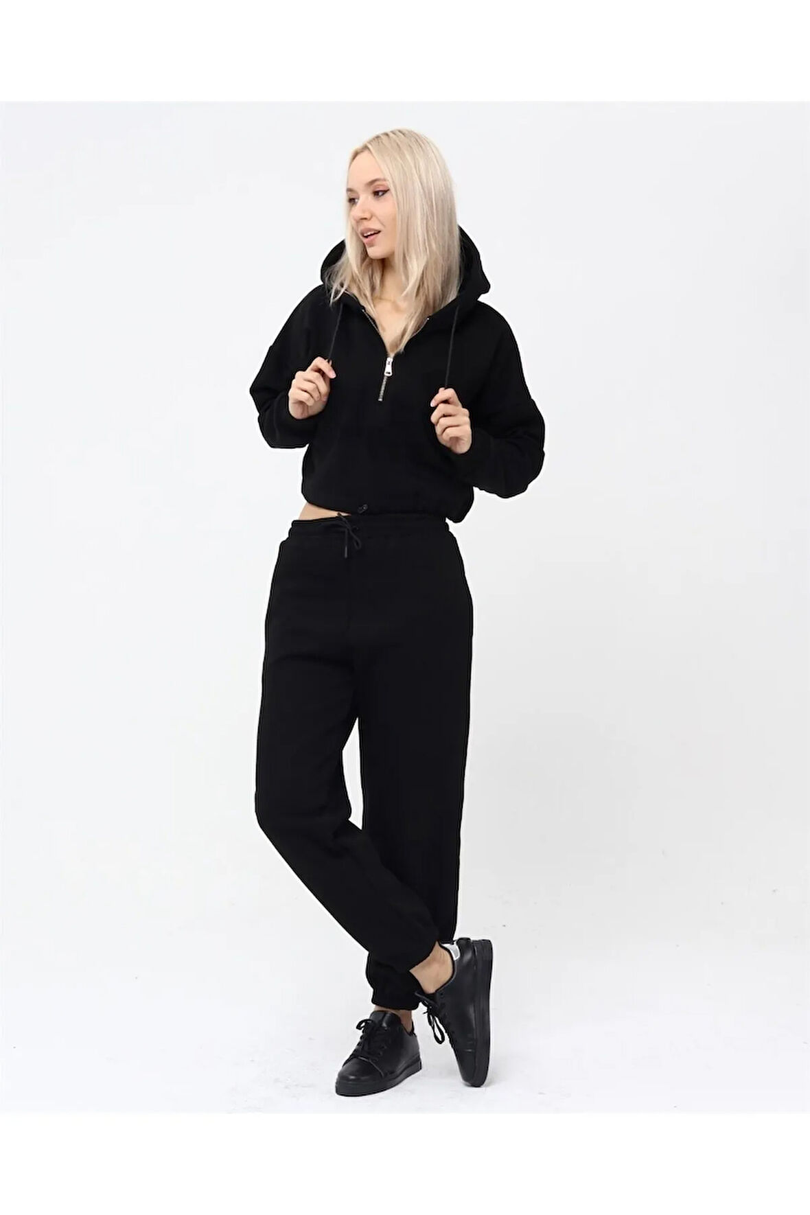Yarım Fermuarlı Kapüşonlu Crop Sweatshirt 5502s
