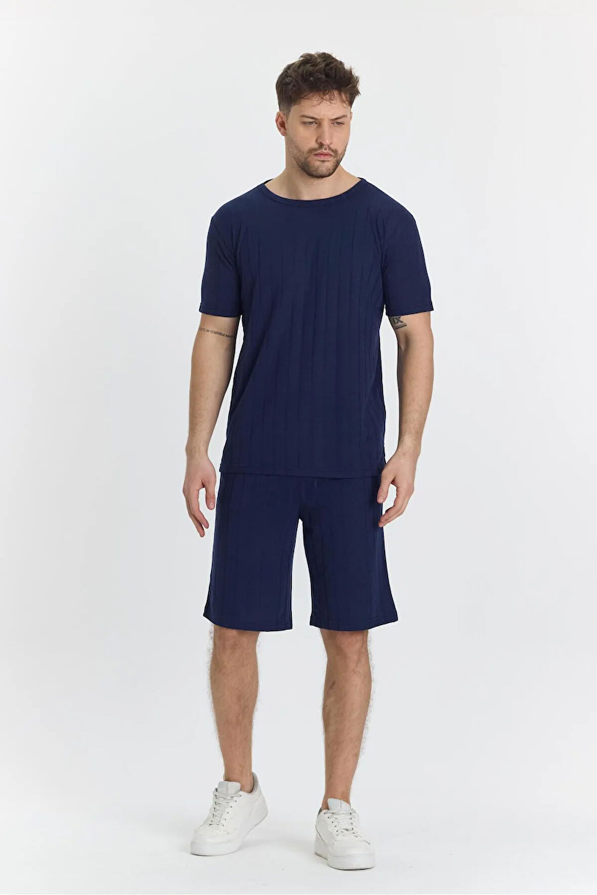 Erkek Çizgili Polycotton T-shirt Şort Ikili Takım Lacivert 5734-l