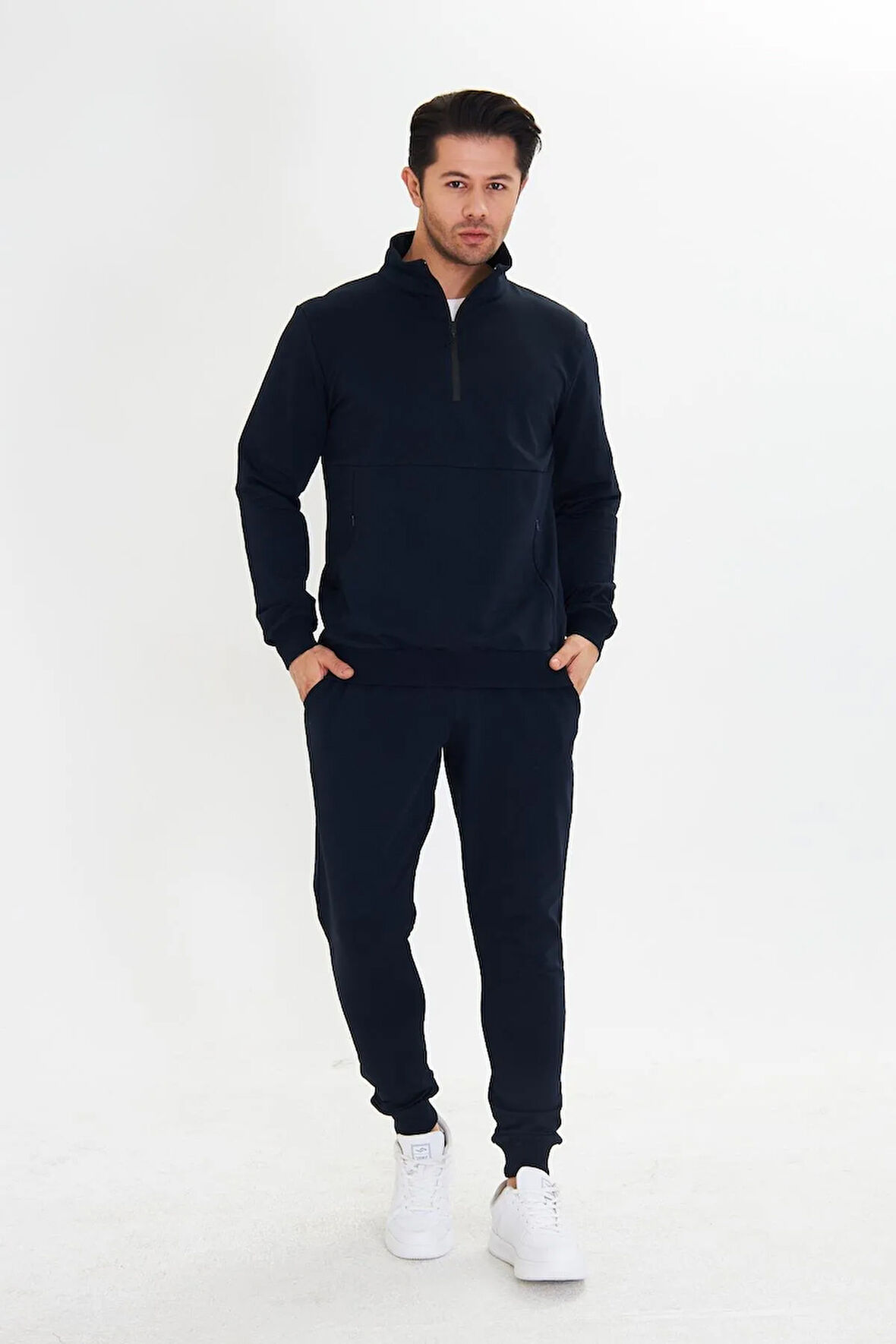 Yarım Fermuarlı Pamuklu Erkek Eşofman Takımı Siyah 5709-S