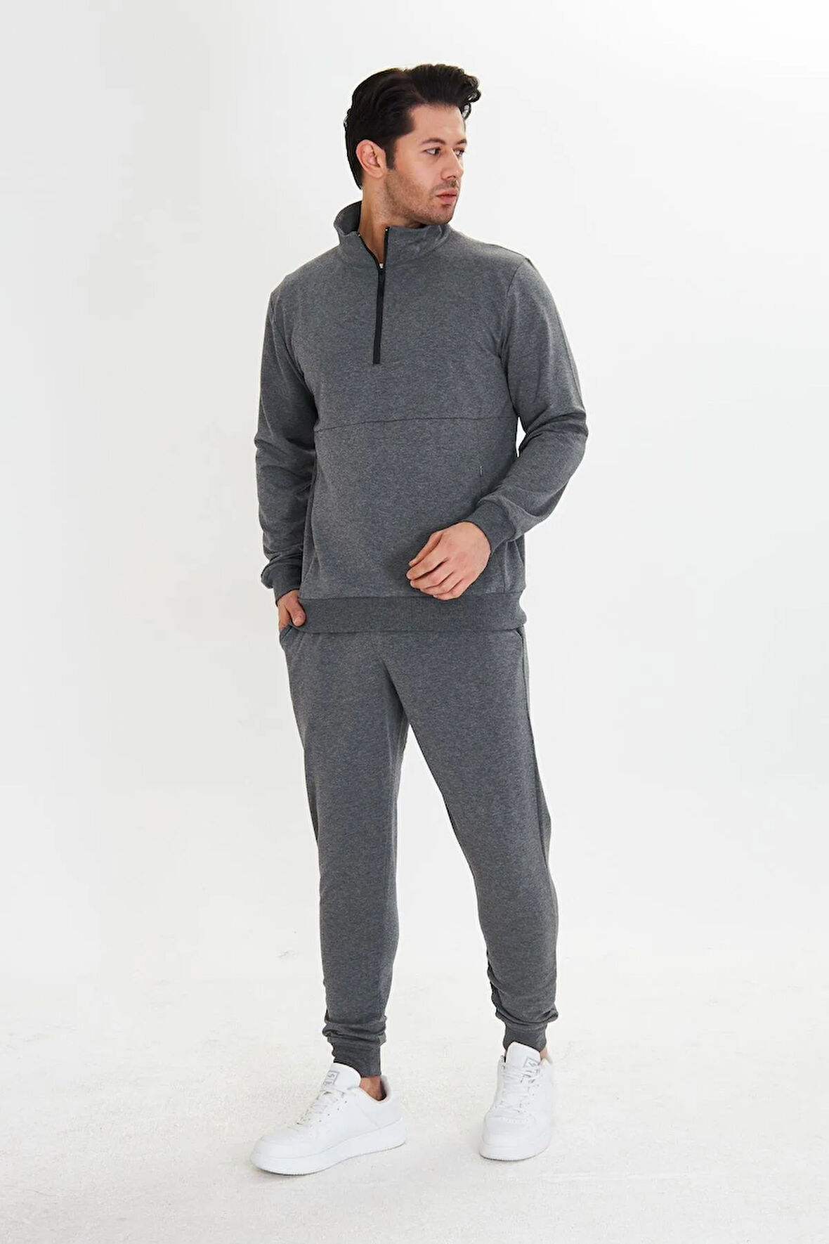 Yarım Fermuarlı Pamuklu Erkek Eşofman Takımı Siyah 5709-S