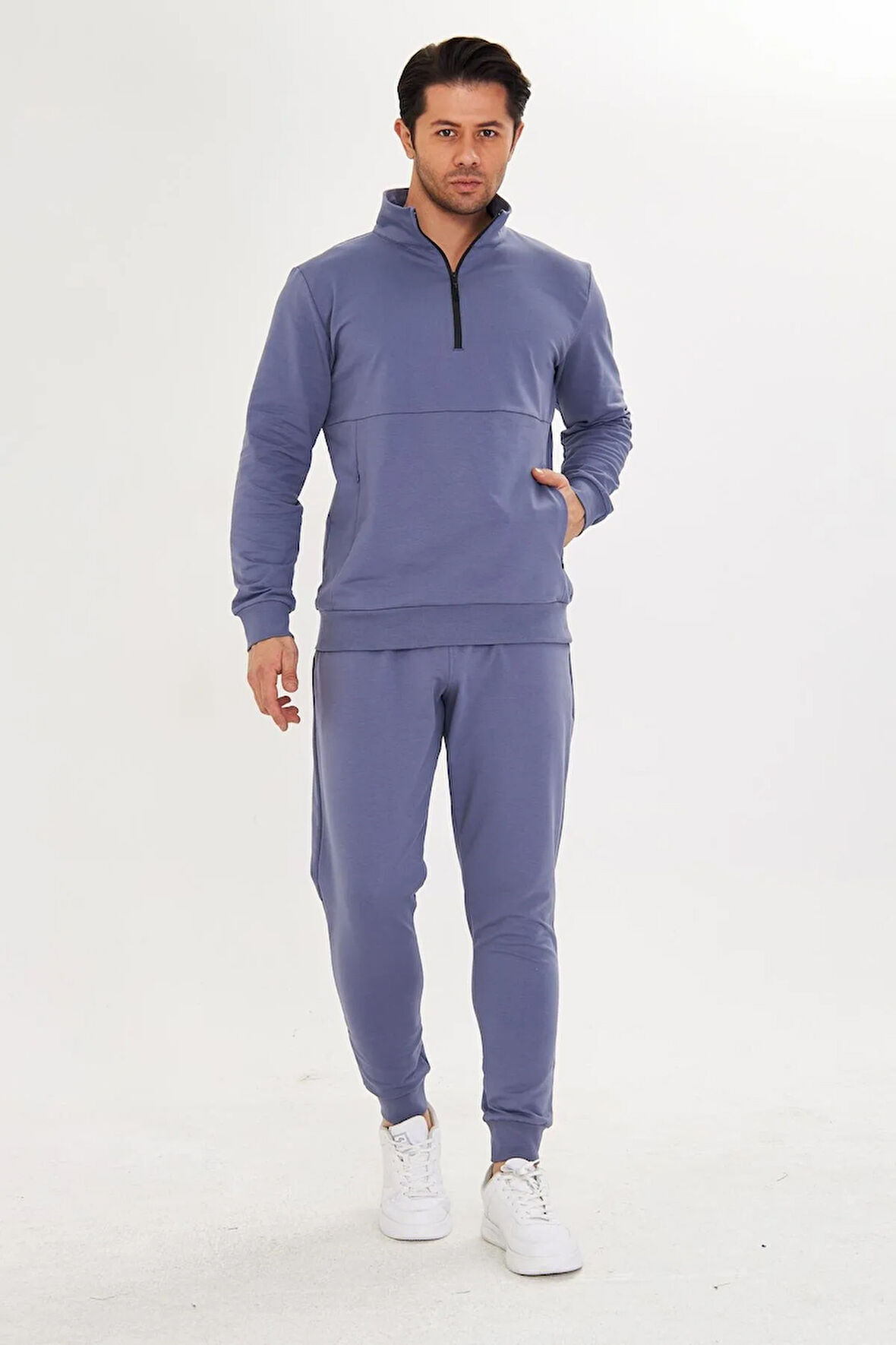 Yarım Fermuarlı Pamuklu Erkek Eşofman Takımı Siyah 5709-S