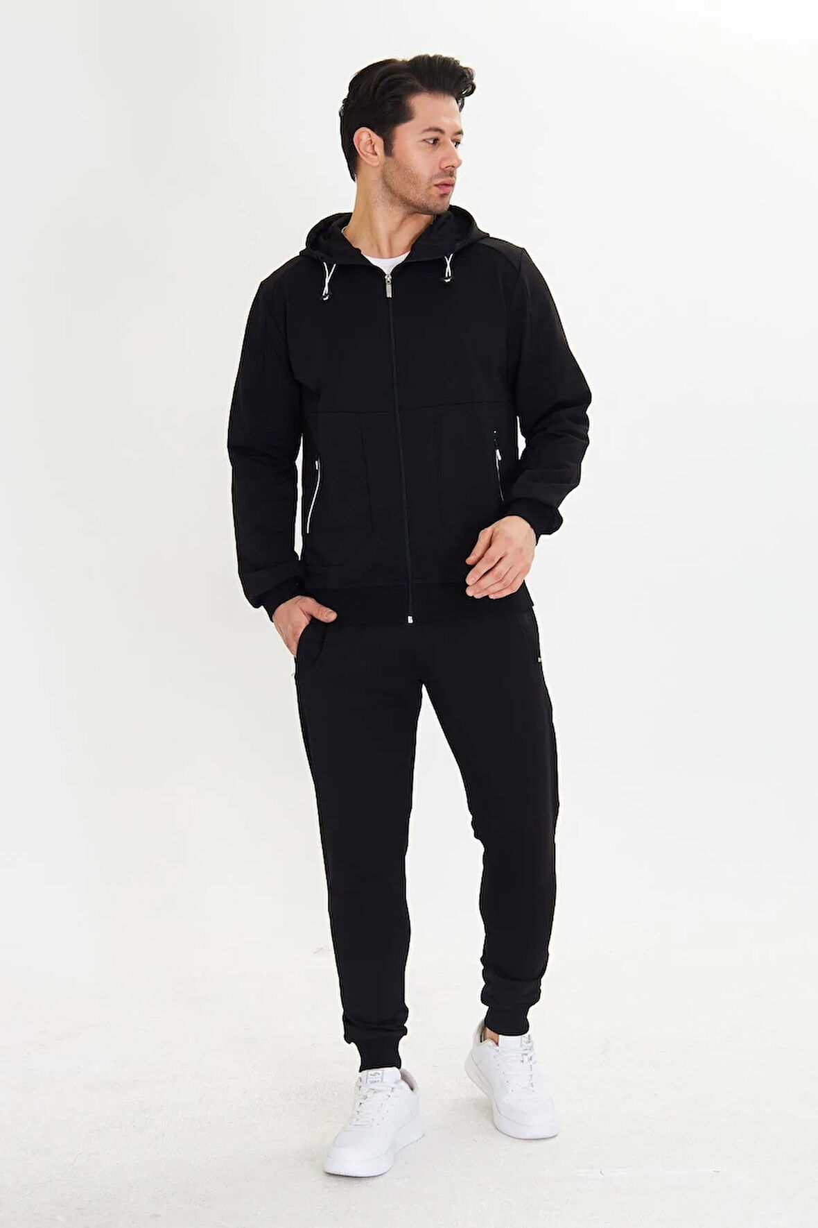 Pamuklu Kapüşonlu Erkek Eşofman Takımı Siyah 5746-S
