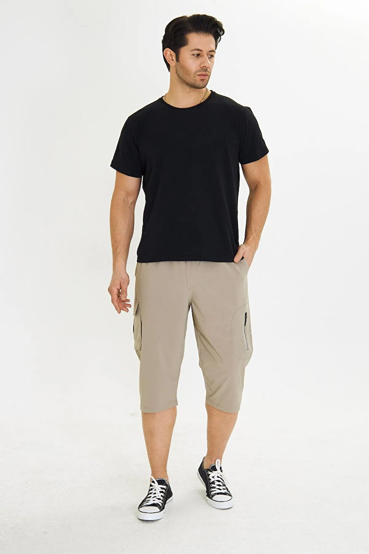 Erkek StretchFit Kargo Cepli Esnek Kapri Bej 6035-B