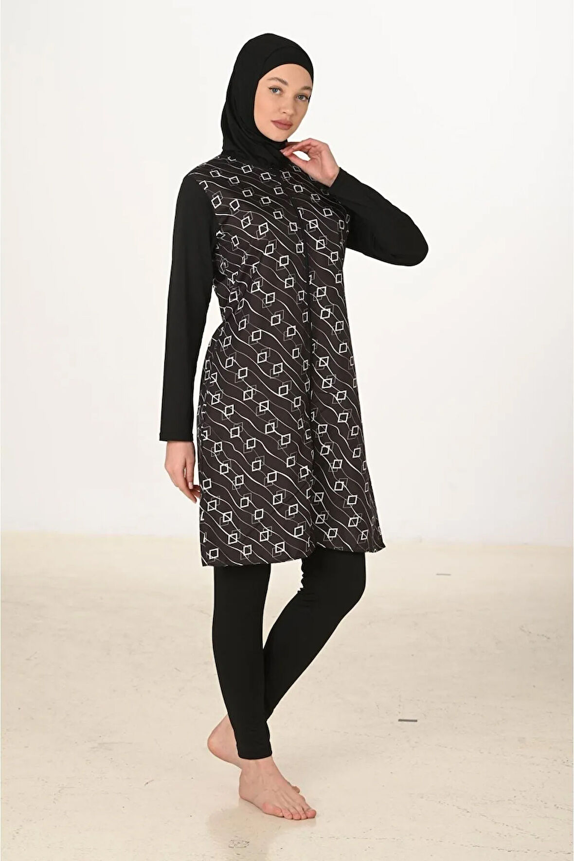 Tam Kapalı Desenli Paraşüt Kumaş Tesettür Mayo 3443