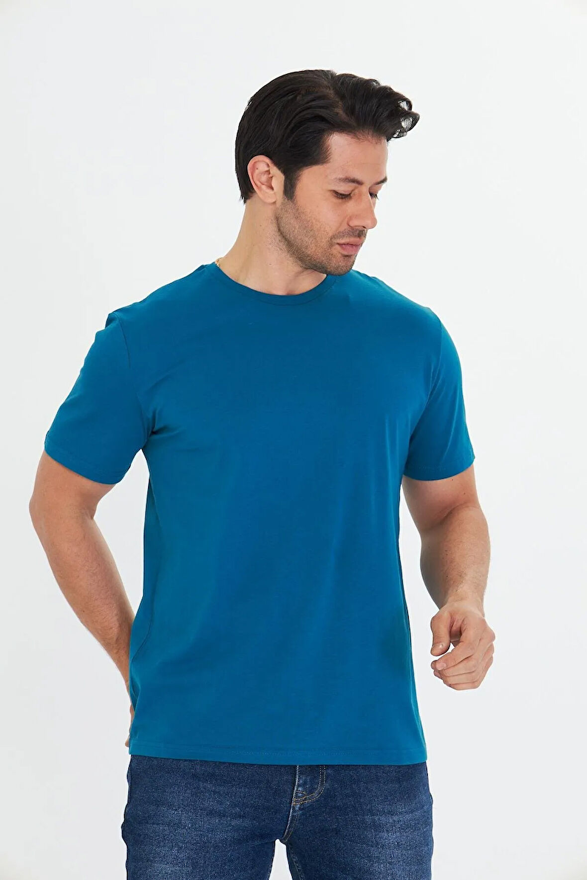 Erkek Büyük Beden Pamuklu Bisiklet Yaka Tişört Antrasit 5014B-A