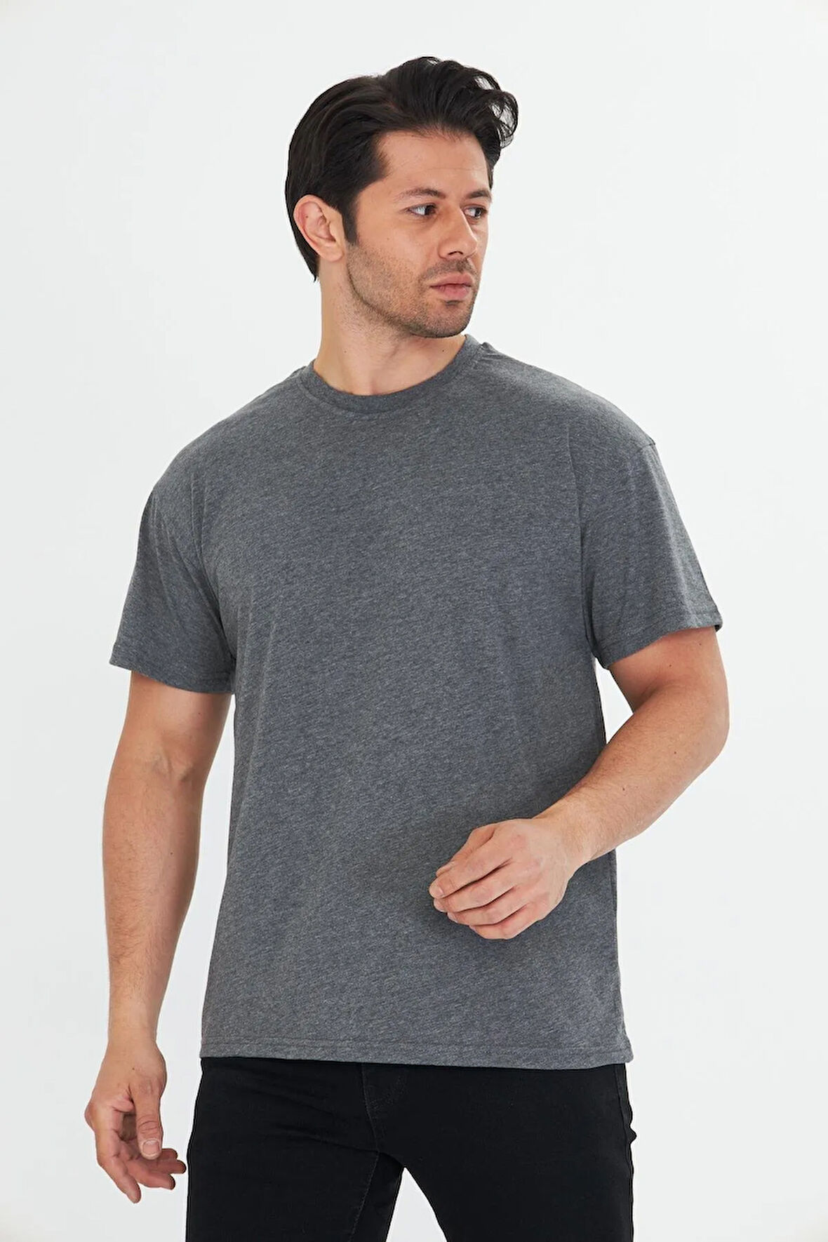 Erkek Pamuklu Bisiklet Yaka Oversize Tişört Mavi 5015-M