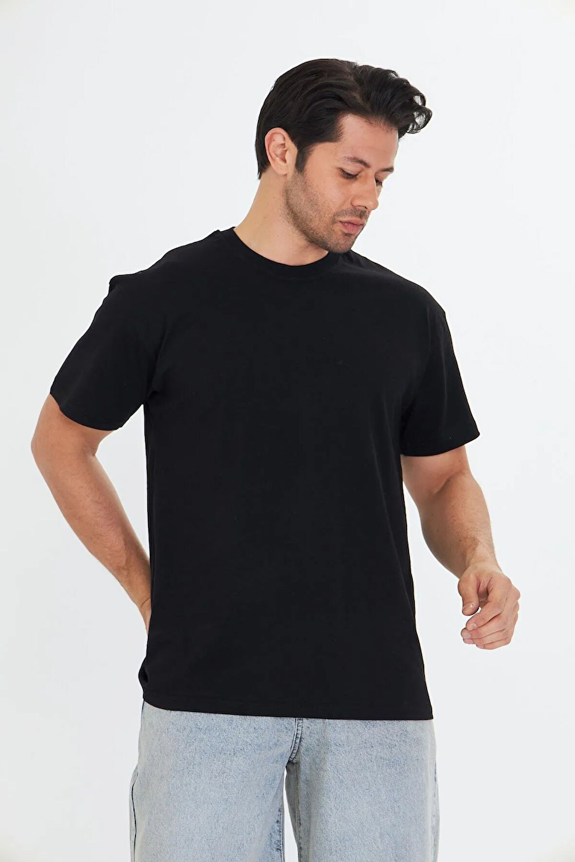 Erkek Pamuklu Bisiklet Yaka Oversize Tişört Mavi 5015-M