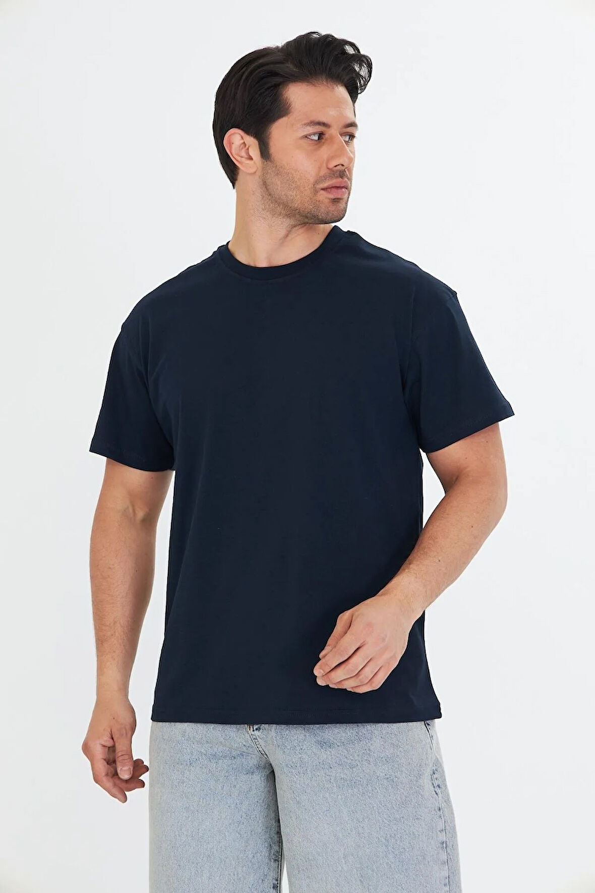 Erkek Pamuklu Bisiklet Yaka Oversize Tişört Mavi 5015-M