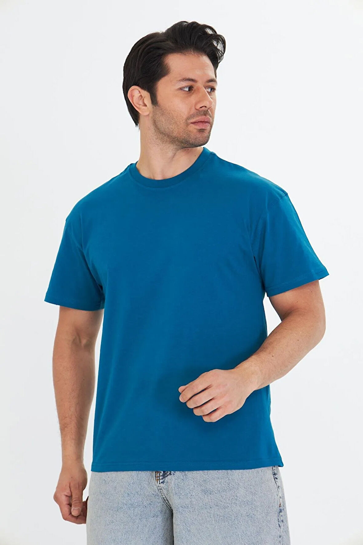 Erkek Pamuklu Bisiklet Yaka Oversize Tişört Mavi 5015-M