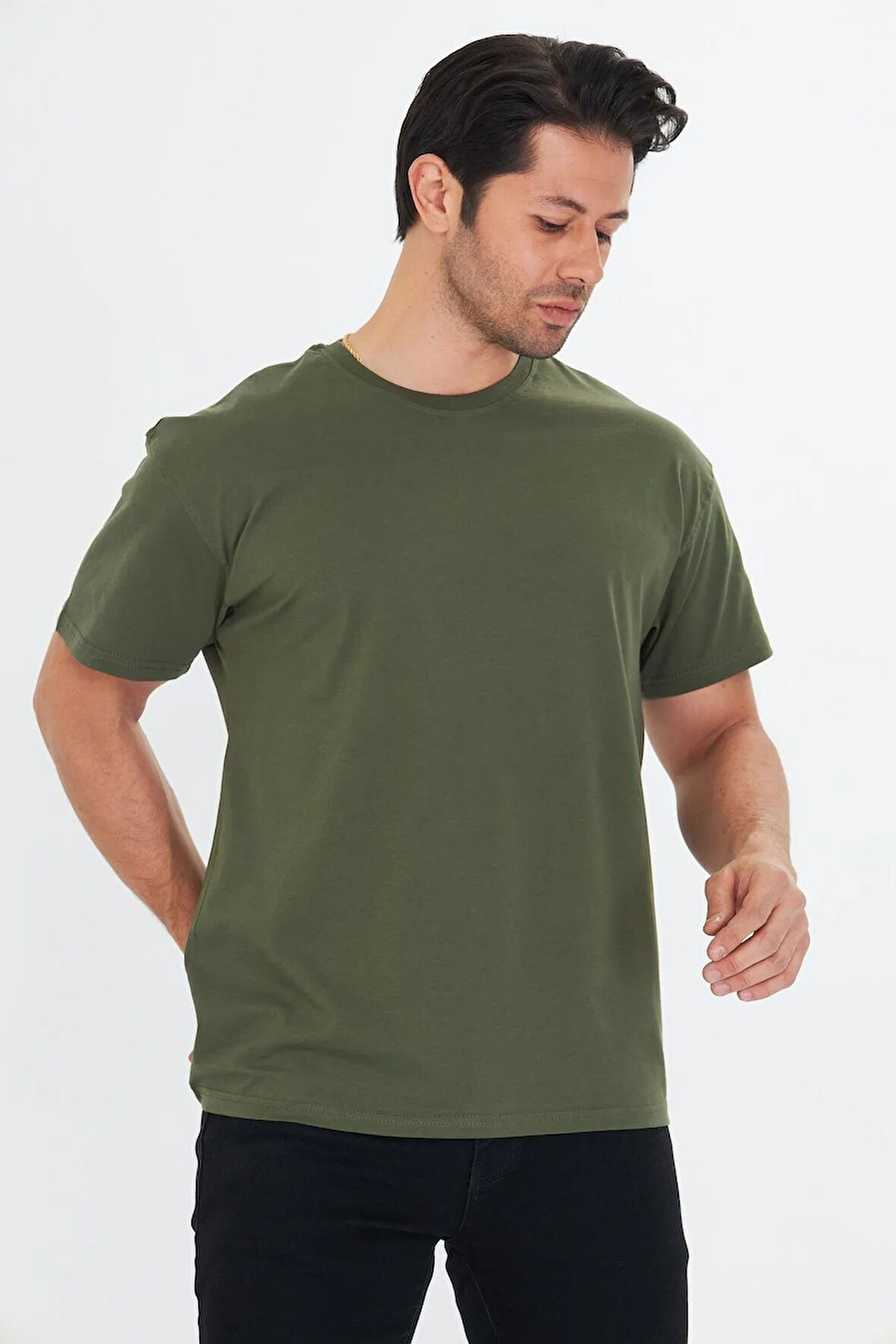 Erkek Pamuklu Bisiklet Yaka Oversize Tişört Mavi 5015-M
