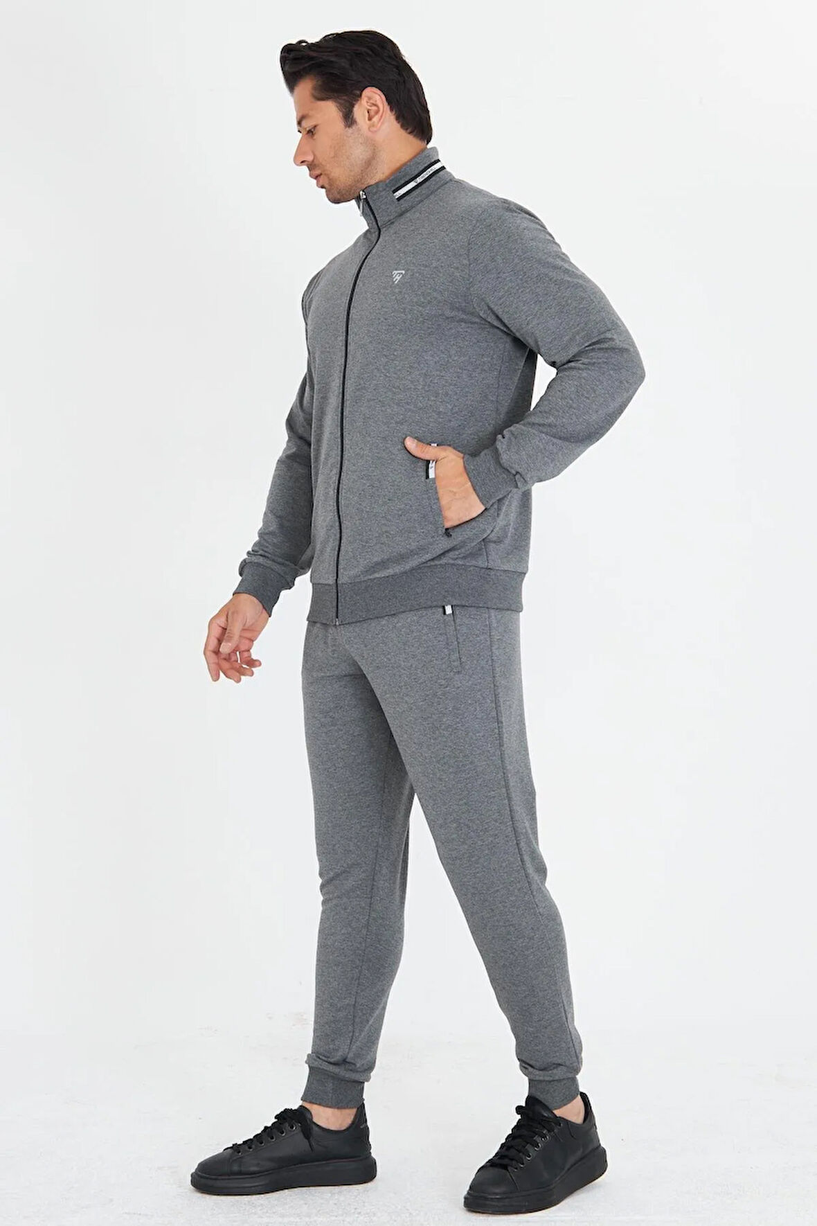 Erkek Pamuklu Dik Yakalı Eşofman Takımı Haki 5749-H