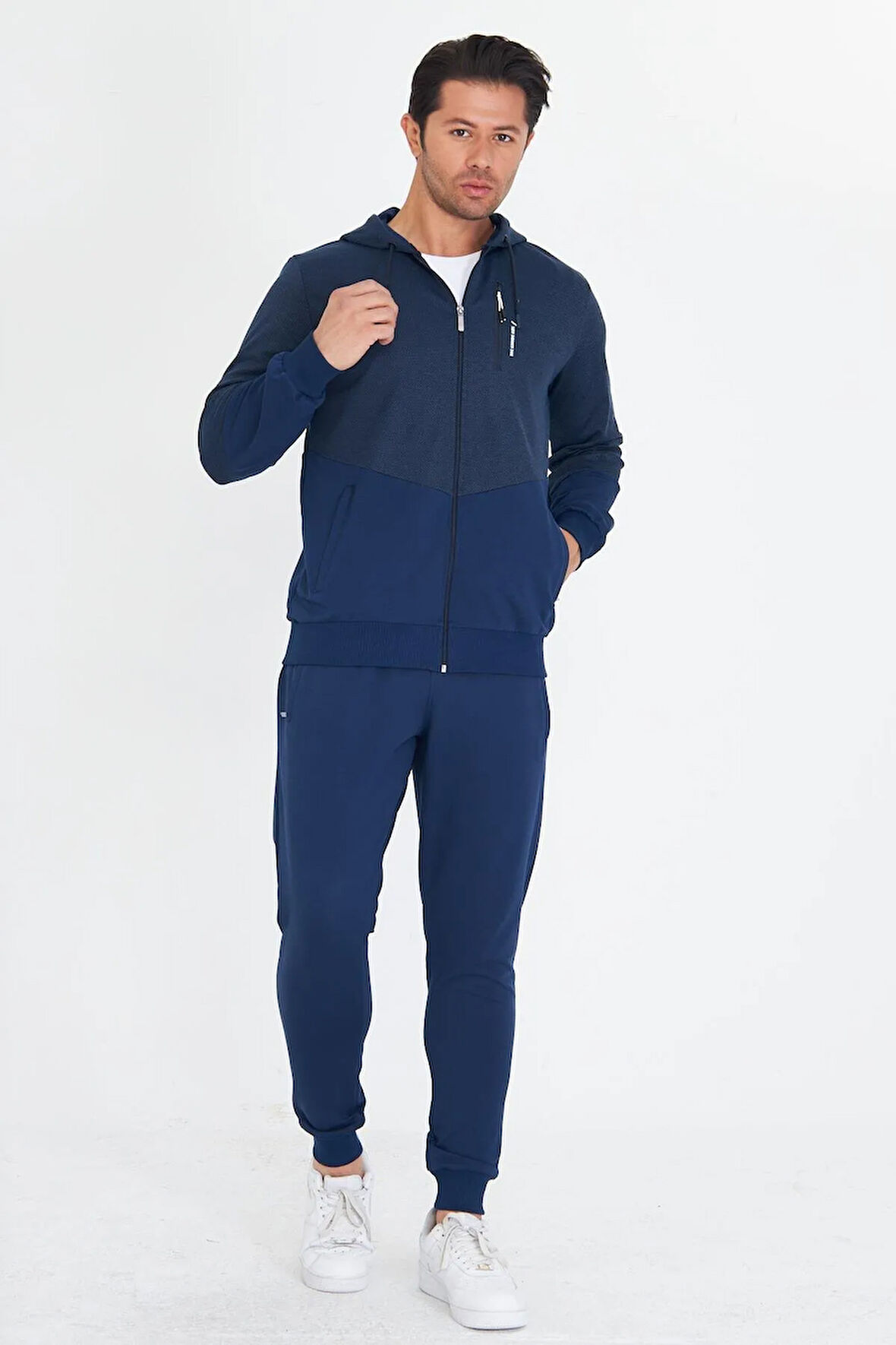 Erkek Pamuklu Kapüşonlu Eşofman Takımı İndigo 5815-İ