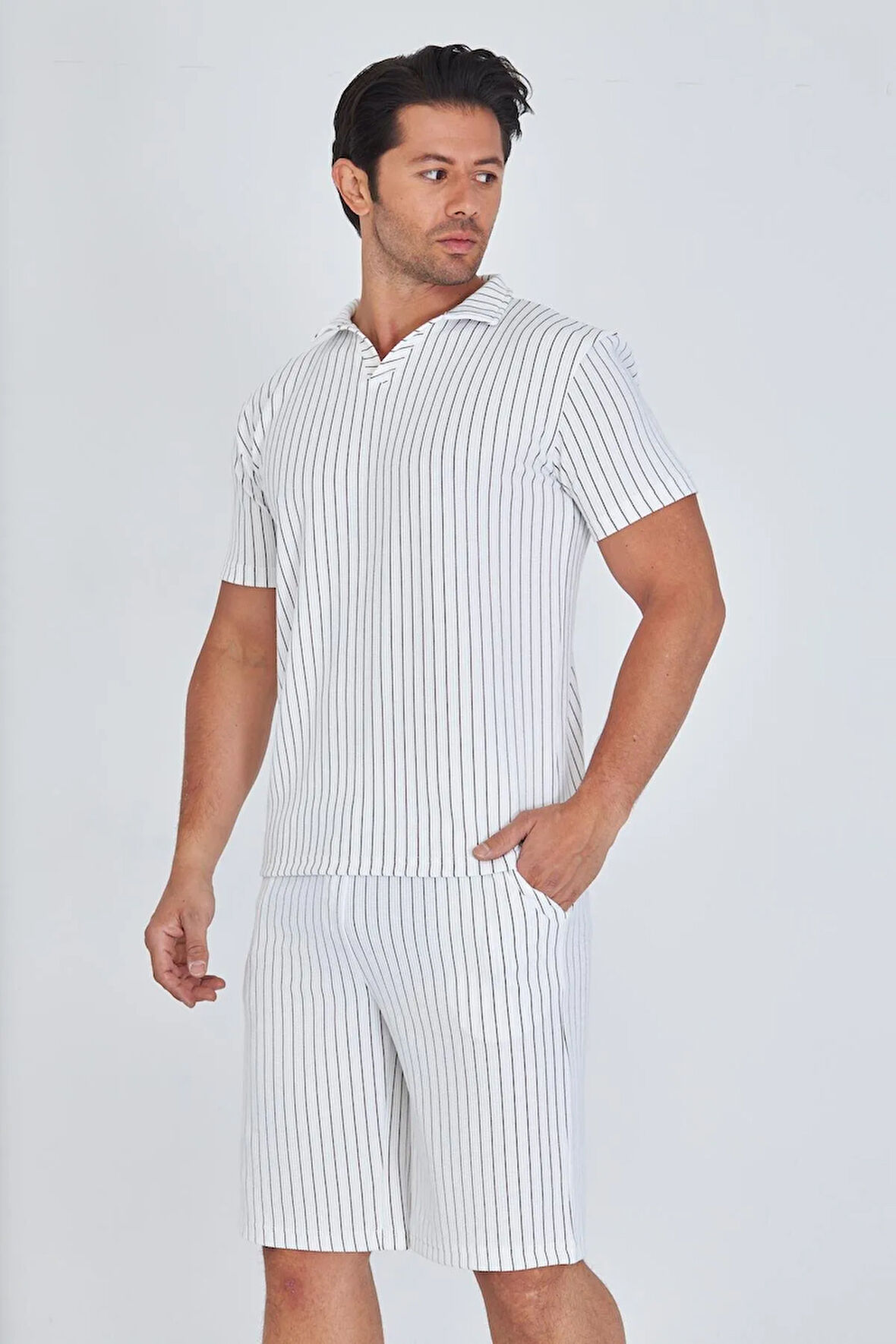 Erkek Yakalı Çizgili Polycotton T-shirt Şort İkili Takım Bej 5733-B