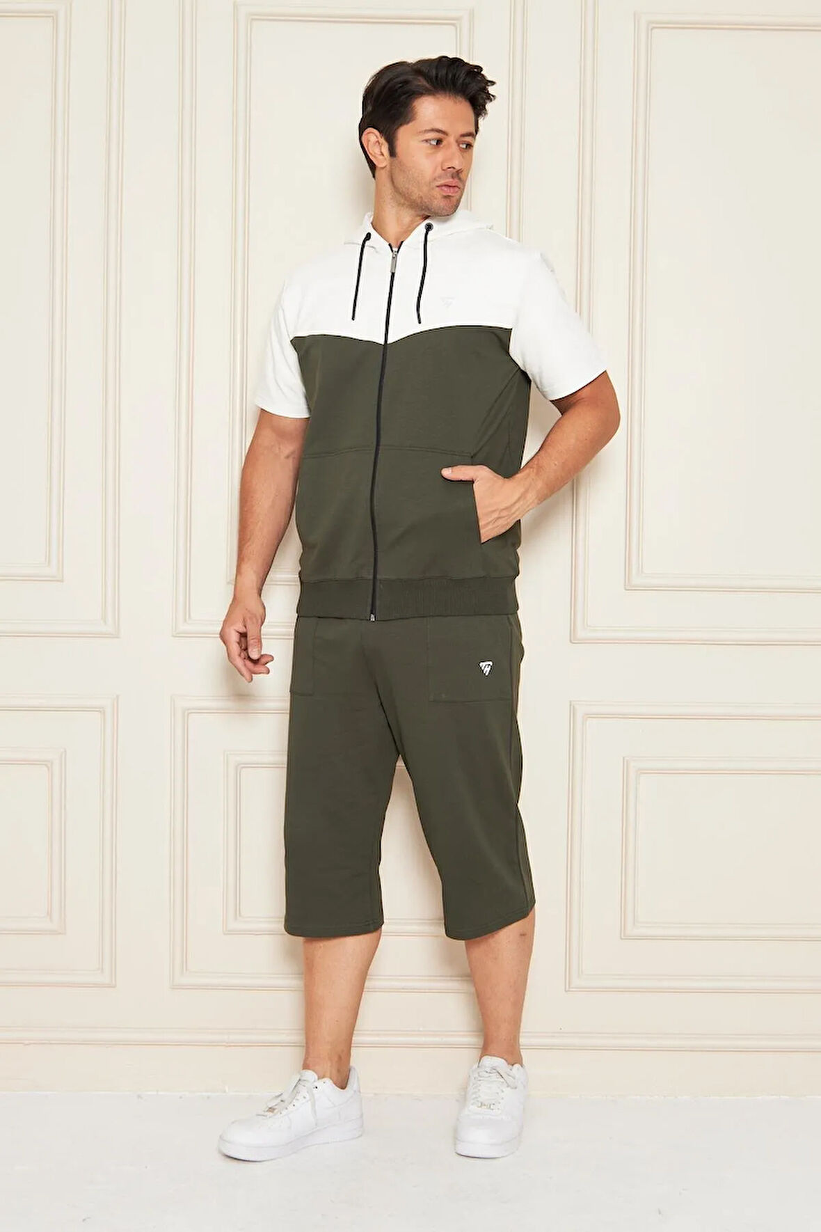 Erkek Pamuklu Kapüşonlu Kapri Takım Ekru / Haki 7501-E.H.