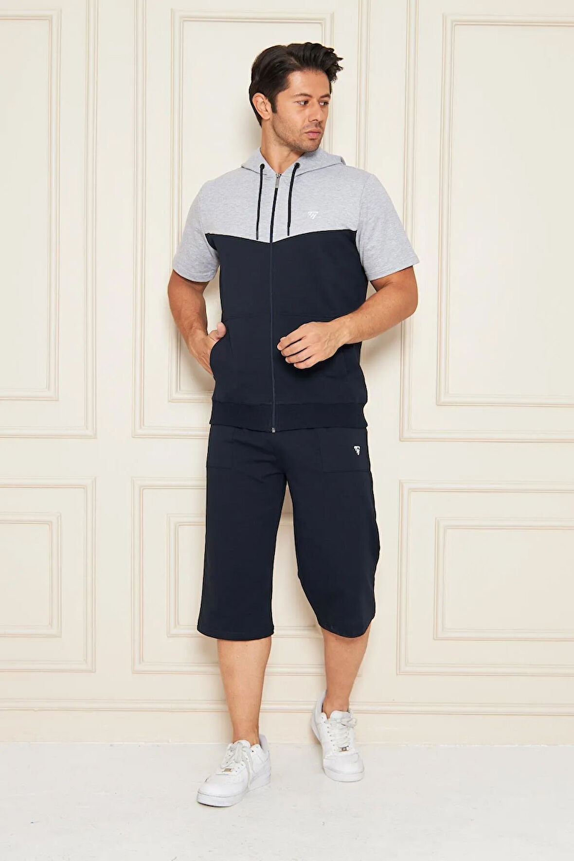 Erkek Pamuklu Kapüşonlu Kapri Takım Ekru / Haki 7501-E.H.