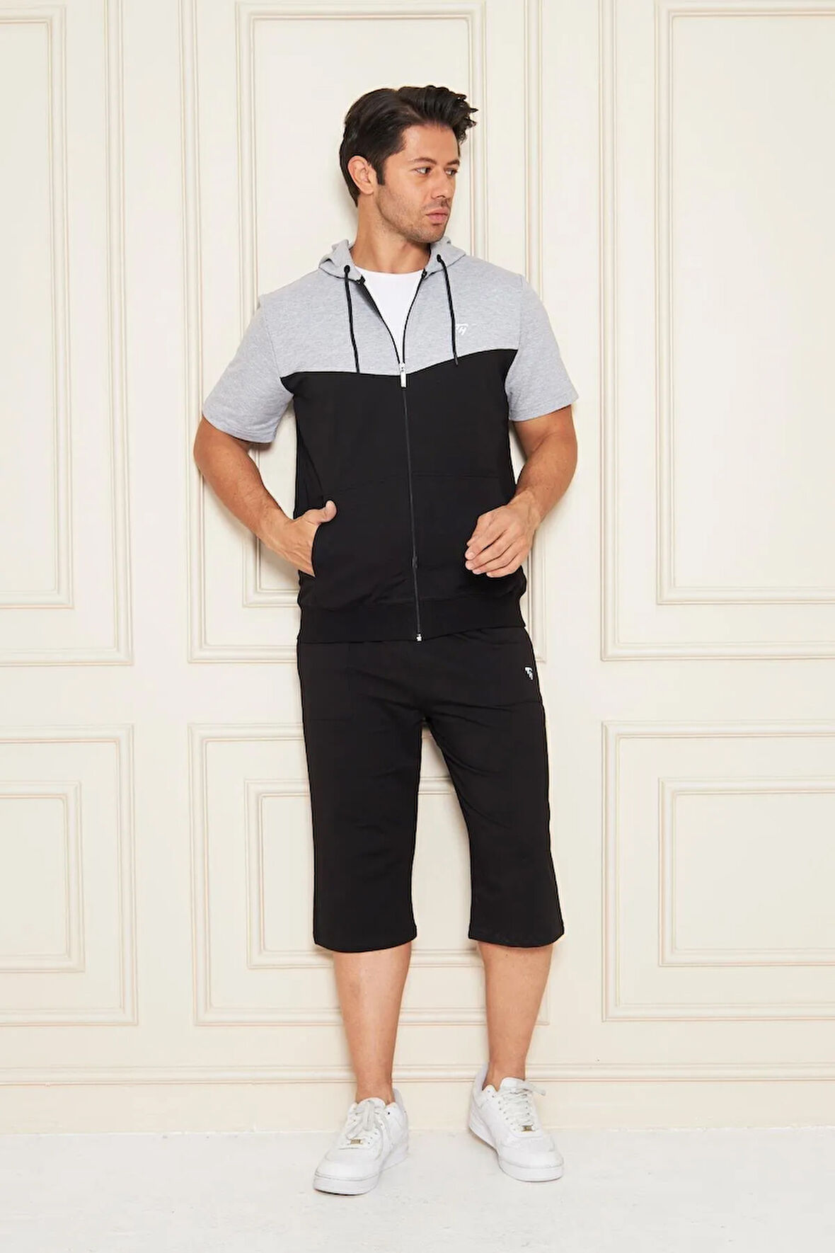 Erkek Pamuklu Kapüşonlu Kapri Takım Ekru / Haki 7501-E.H.