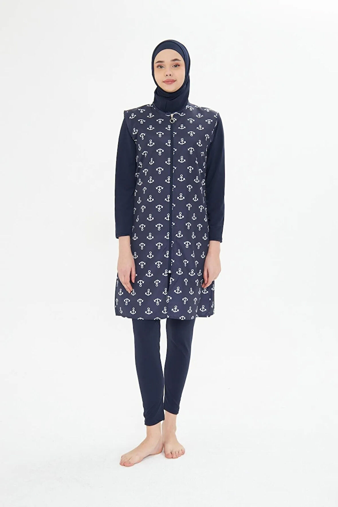 Tam Kapalı Yelekli Desenli Paraşüt Kumaş Tesettür Mayo Lacivert 3473-L