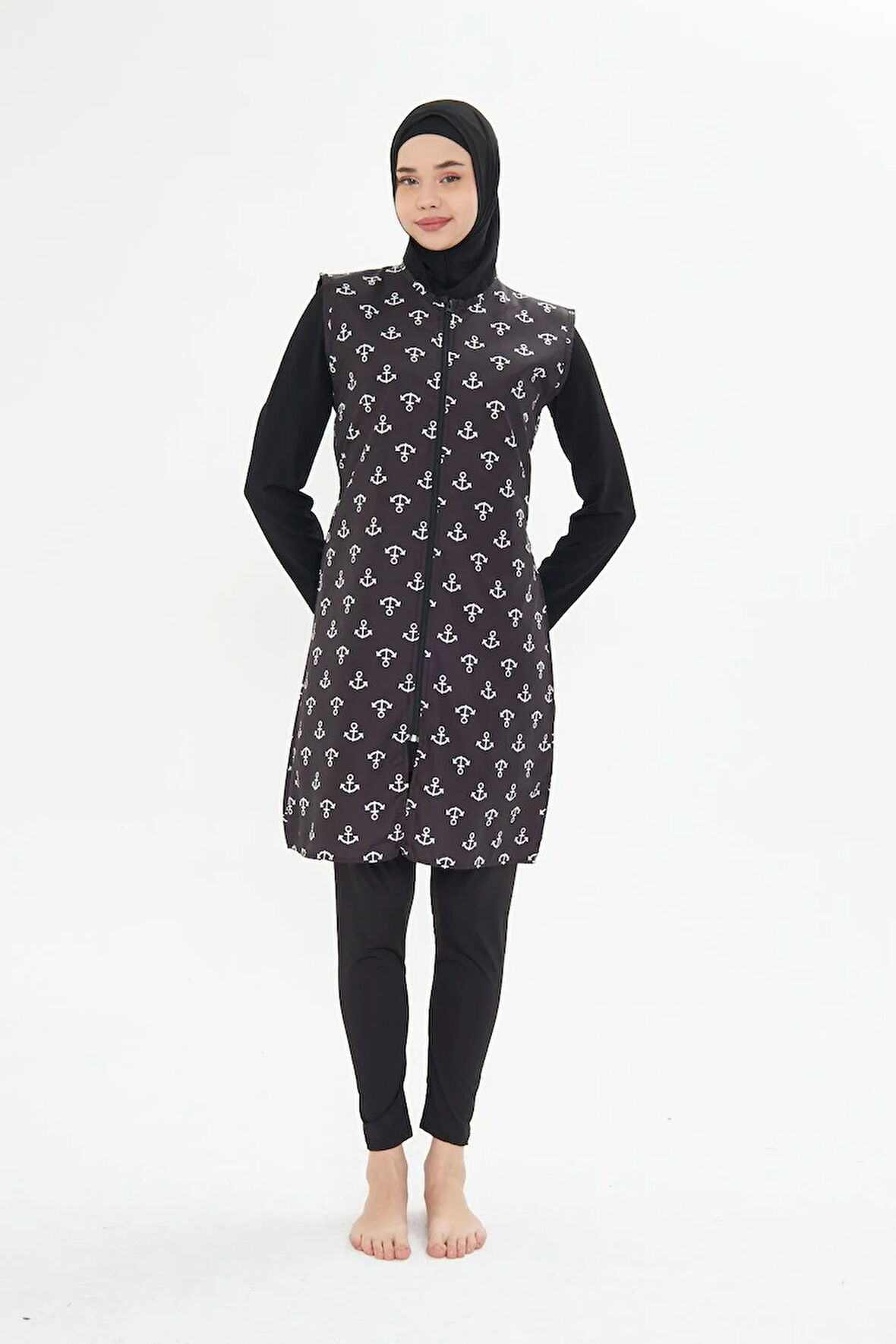Tam Kapalı Yelekli Desenli Paraşüt Kumaş Tesettür Mayo Lacivert 3473-L