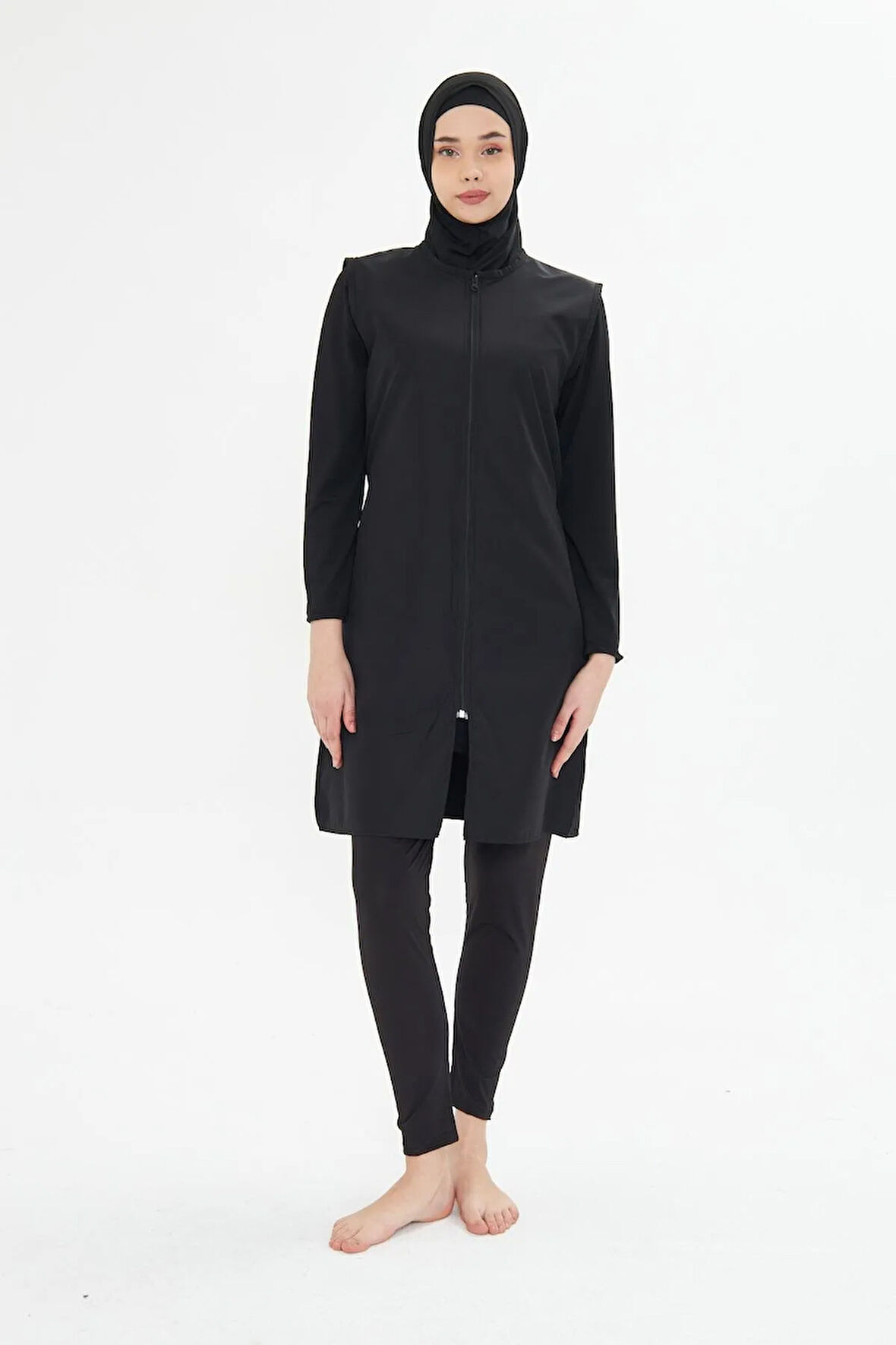 Tam Kapalı Yelekli Paraşüt Kumaş Tesettür Mayo Siyah 3476-S
