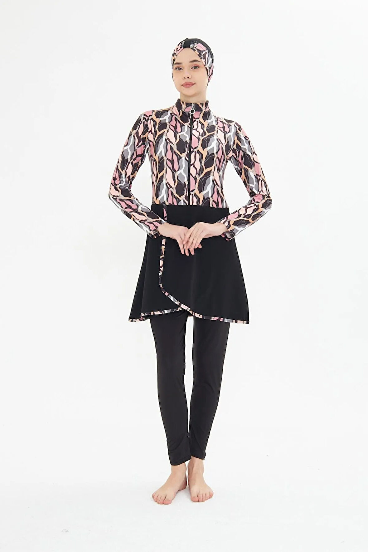 Tam Kapalı Likralı Desenli Etekli Tesettür Mayo Siyah 3481-S