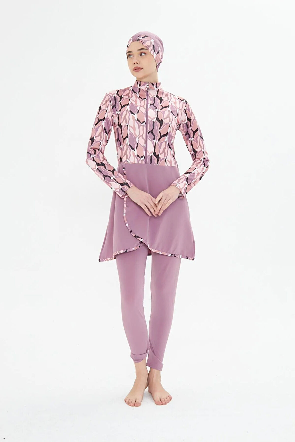 Tam Kapalı Likralı Desenli Etekli Tesettür Mayo Siyah 3481-S