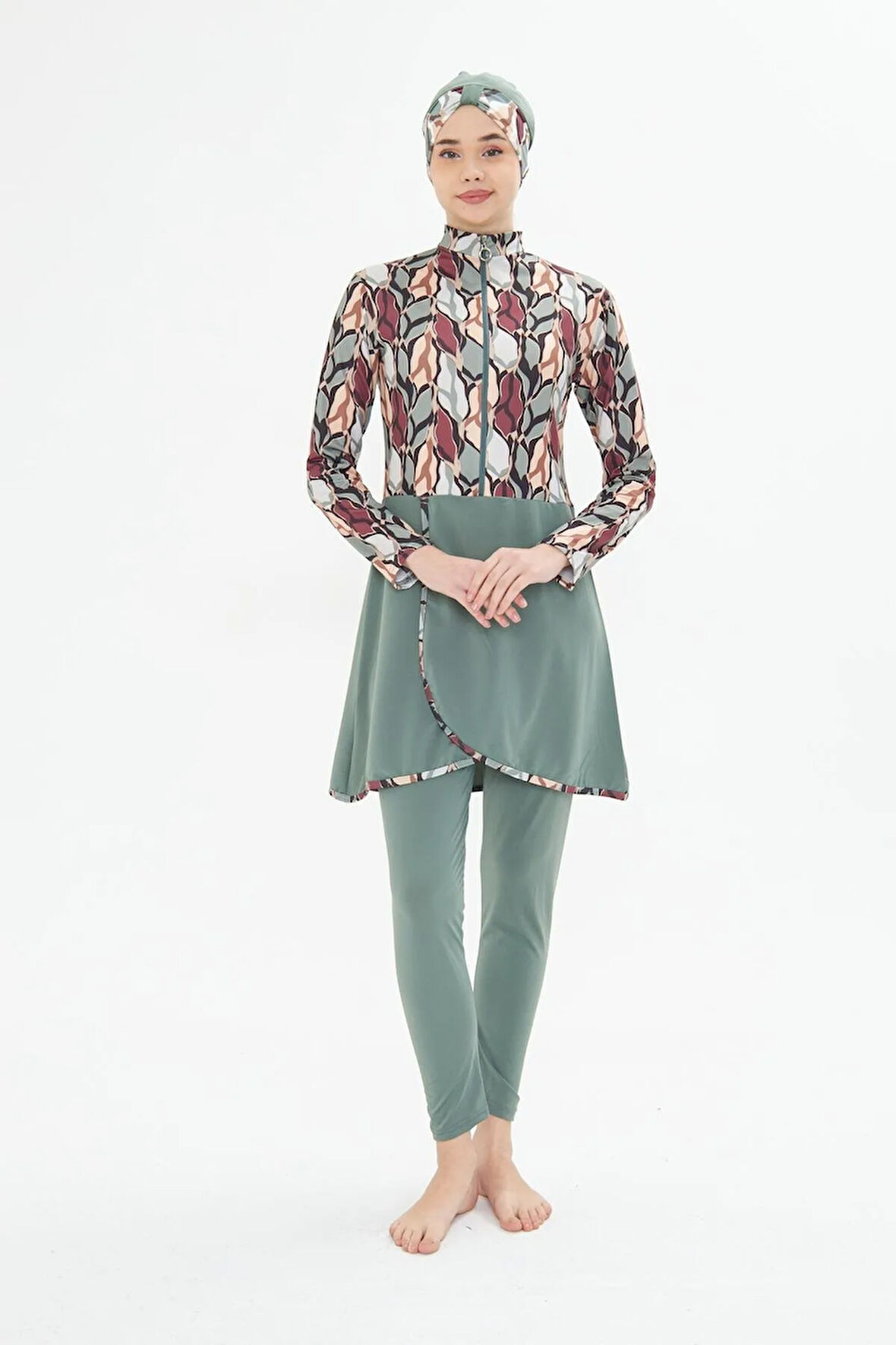 Tam Kapalı Likralı Desenli Etekli Tesettür Mayo Siyah 3481-S