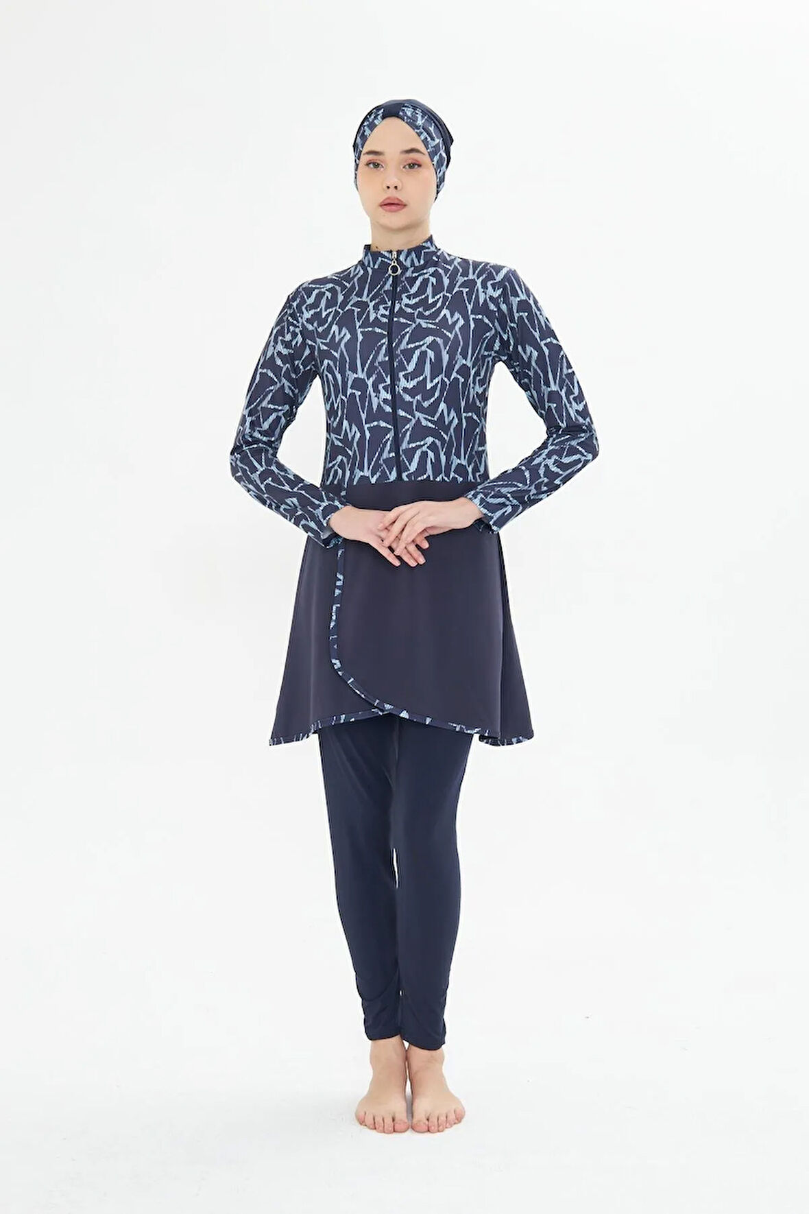 Tam Kapalı Likralı Desenli Etekli Tesettür Mayo Lacivert 3482-L