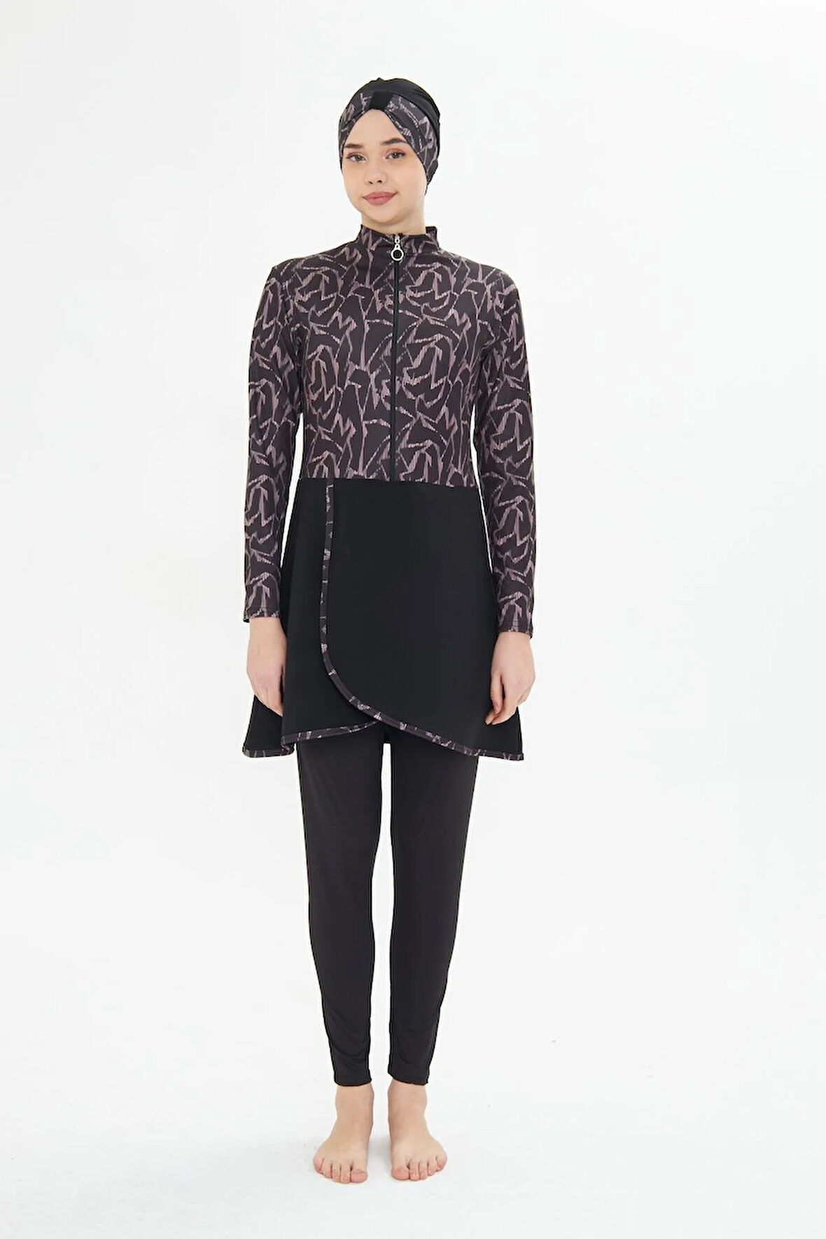 Tam Kapalı Likralı Desenli Etekli Tesettür Mayo Lacivert 3482-L