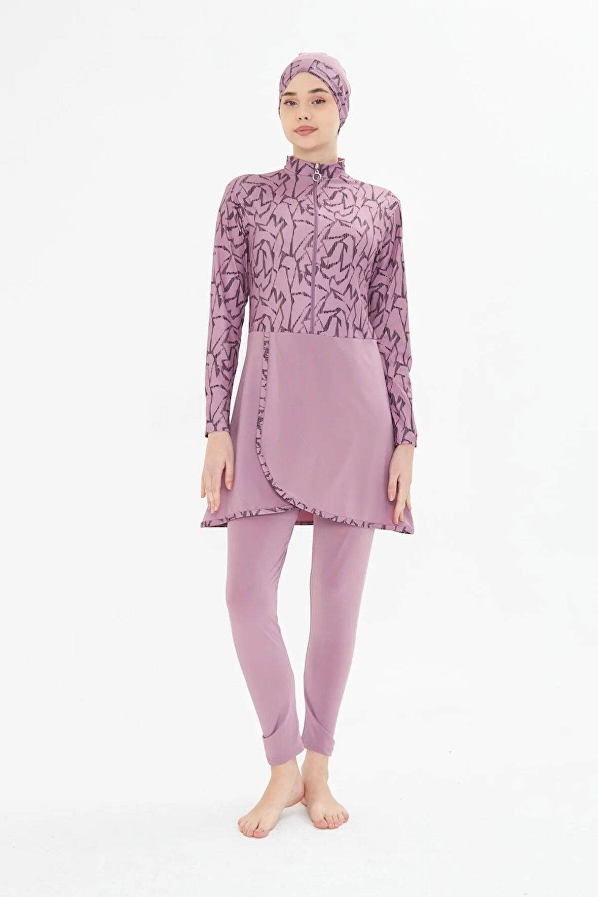 Tam Kapalı Likralı Desenli Etekli Tesettür Mayo Lacivert 3482-L