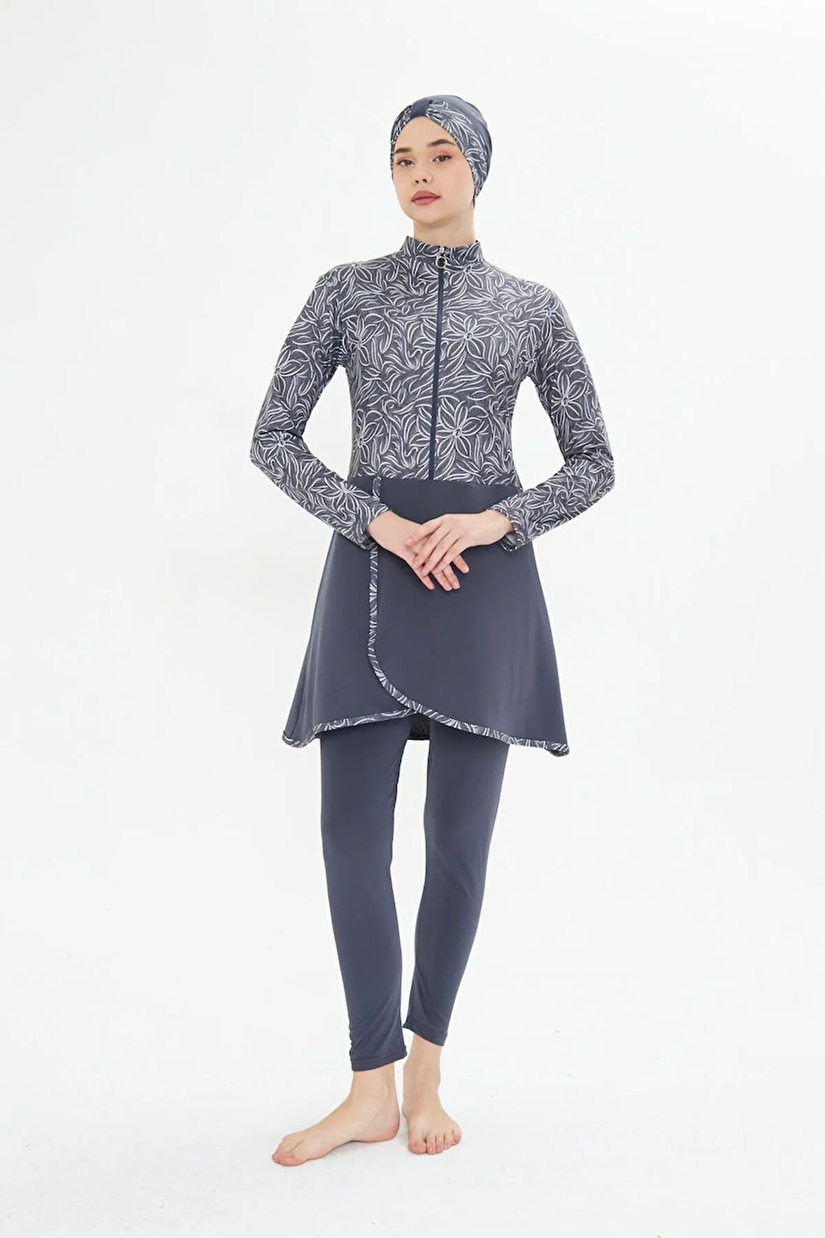 Tam Kapalı Likralı Desenli Etekli Tesettür Mayo Siyah 3483-S