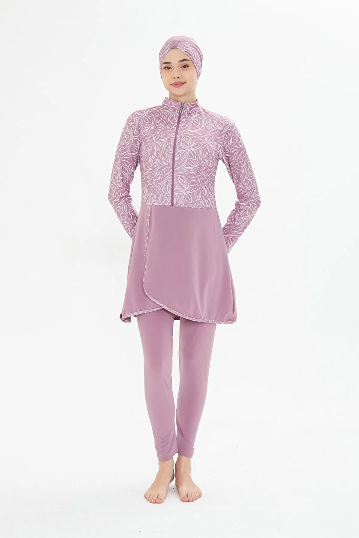 Tam Kapalı Likralı Desenli Etekli Tesettür Mayo Siyah 3483-S